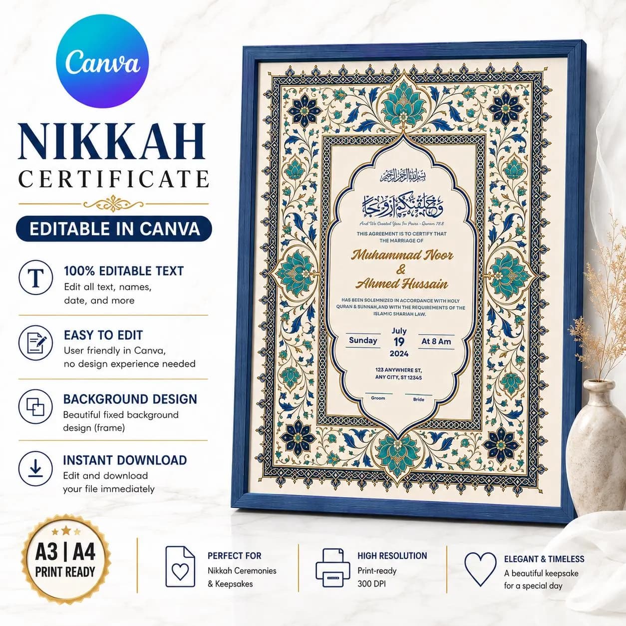 Luxury Nikkah Certificate Canva Template, Editable Muslim Wedding Contract, Islamic Nikah Nama, Blue Gold Floral Marriage Keepsake A3 A4 - image 4