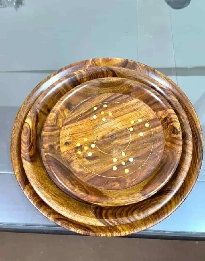 Elegant Brass Plate Set Dining Essentials Wooden Plates Set Table Decor Gift For Her Wooden tray set, Wooden Plates set , Set of 3 Wooden - image 2