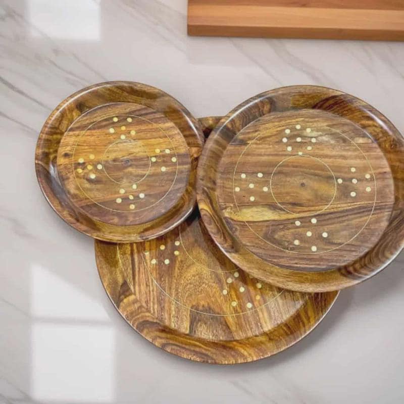 Elegant Brass Plate Set Dining Essentials Wooden Plates Set Table Decor Gift For Her Wooden tray set, Wooden Plates set , Set of 3 Wooden