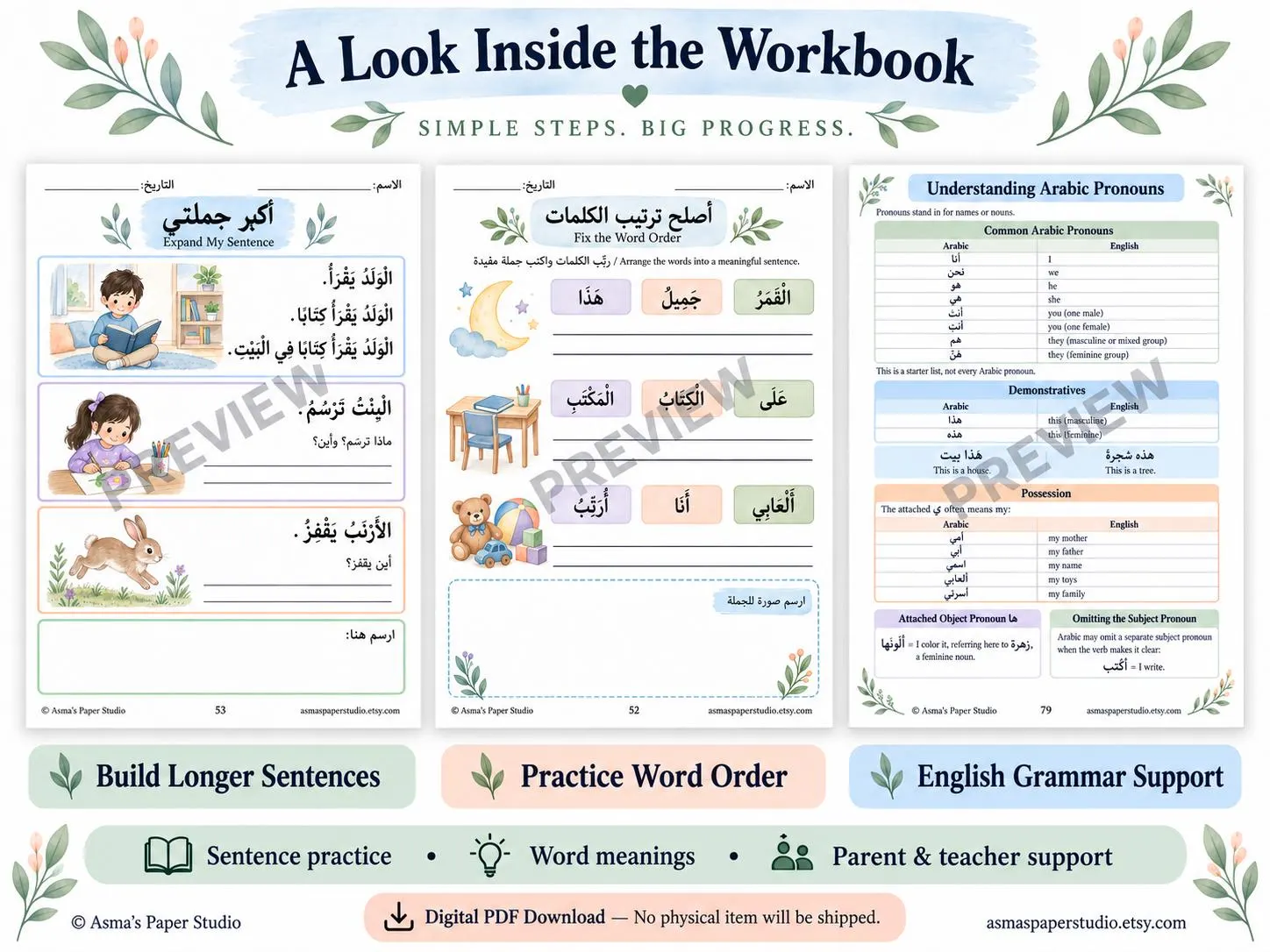 Arabic Sentence Building Workbook, Learn Arabic for Kids, Tracing & Writing Activities, English Guide, 84-Page Printable PDF - image 3