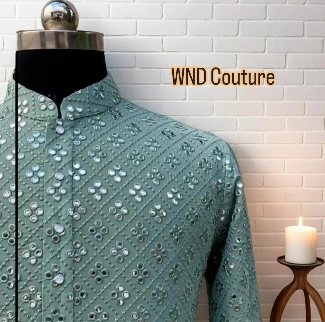 Spesial Custom Made kurta pastel green, mirror work kurta with white pant set - image 3