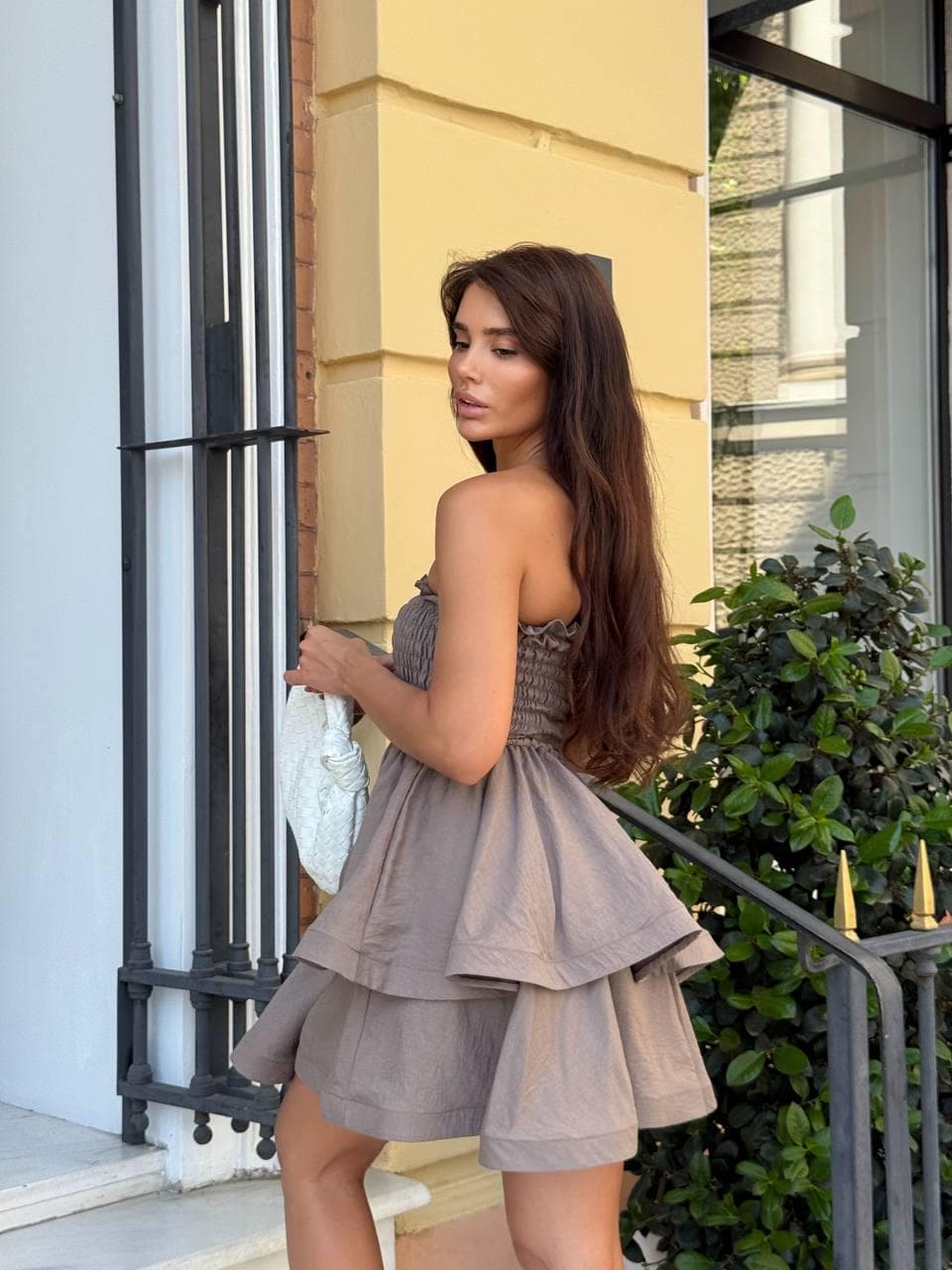 Off Shoulder Linen Mini Dress: Smocked Corset, Double Skirt - image 4