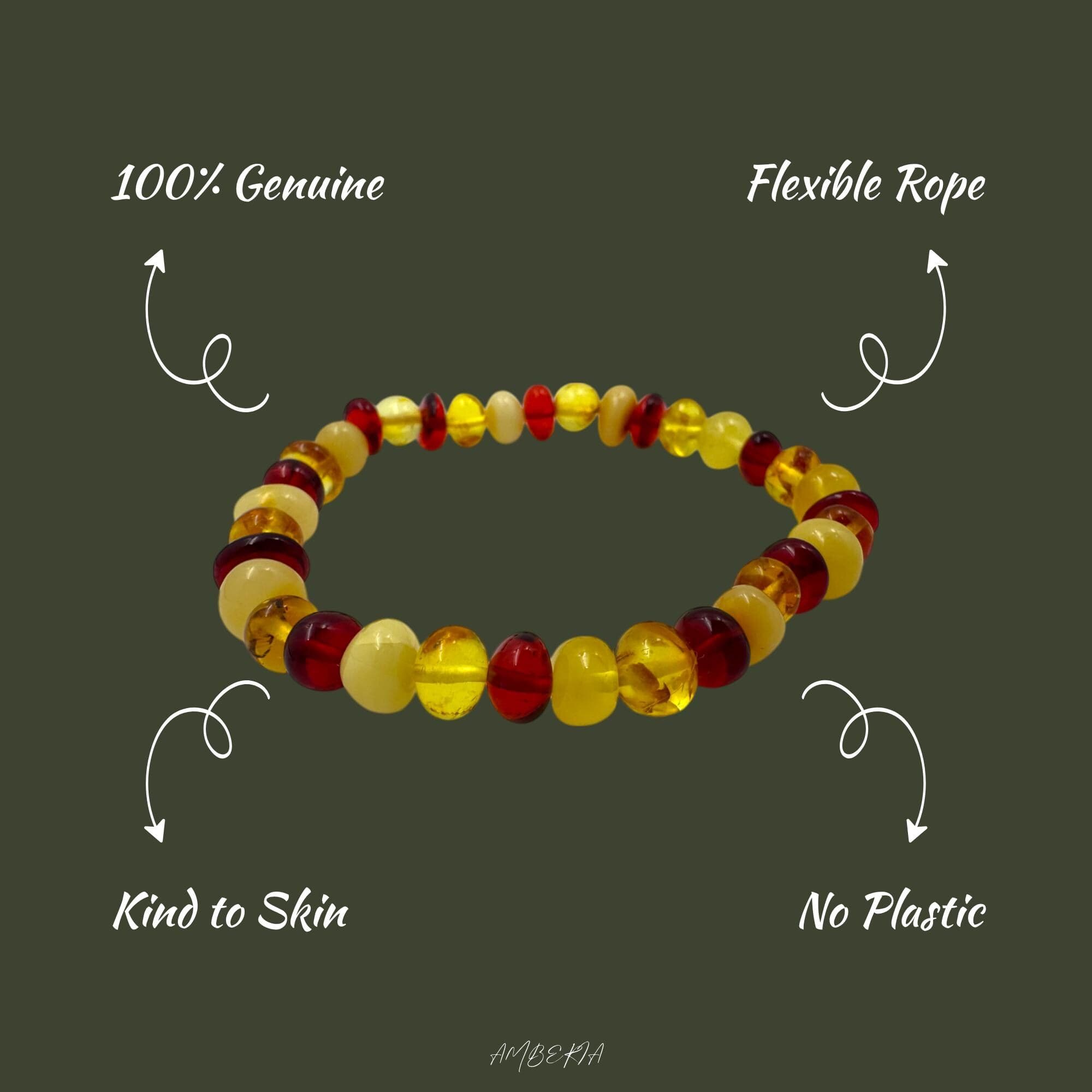 Educational image highlighting the productβs features: 100% genuine amber, flexible rope, skin-friendly, and no plastic parts. Keywords: authentic amber bracelet benefits, safe for skin, eco-friendly gift idea.