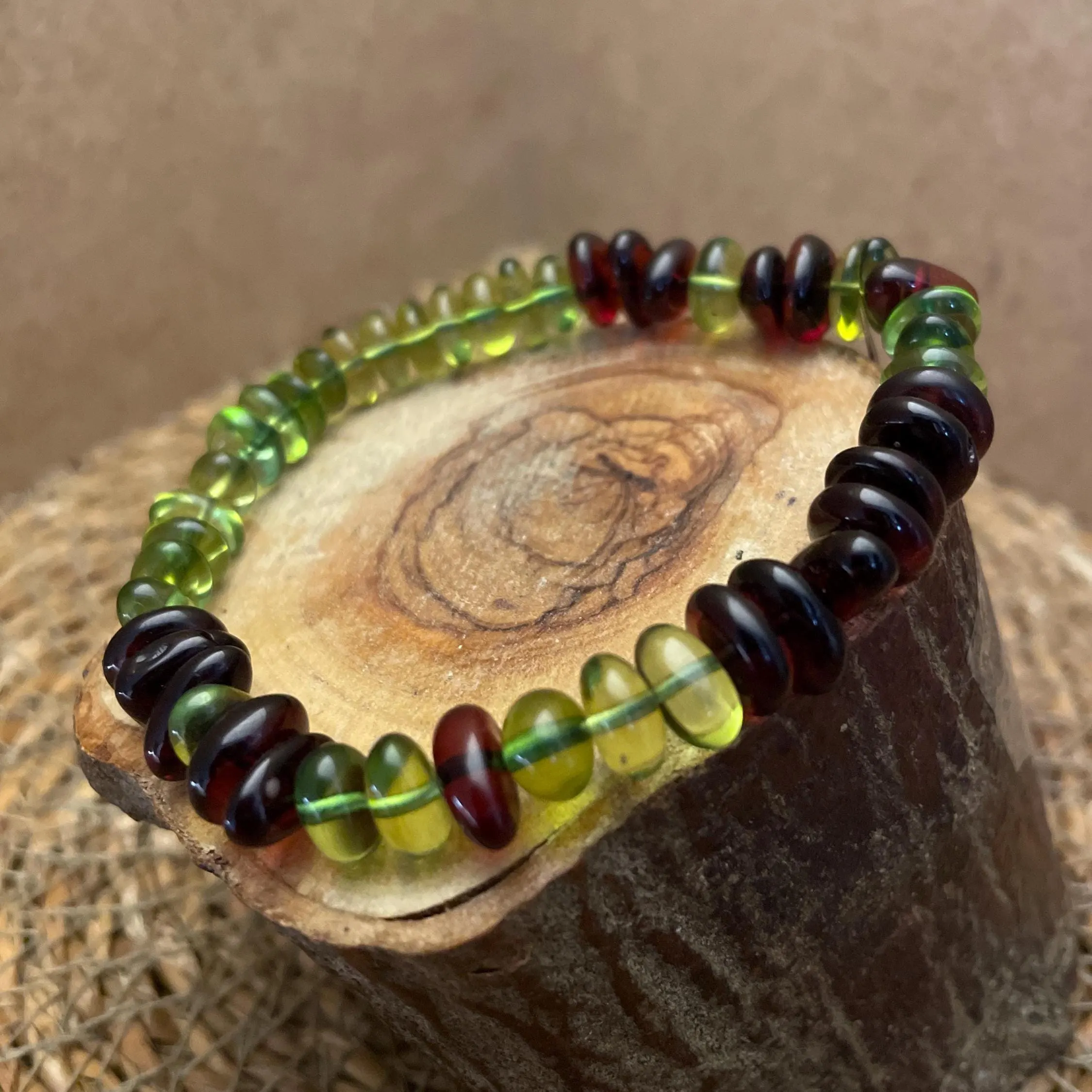 Stress Relief Green Amber Bracelet, Natural Caribbean Stone, Polished Faceted Cherry Beads, Wellness Jewelry