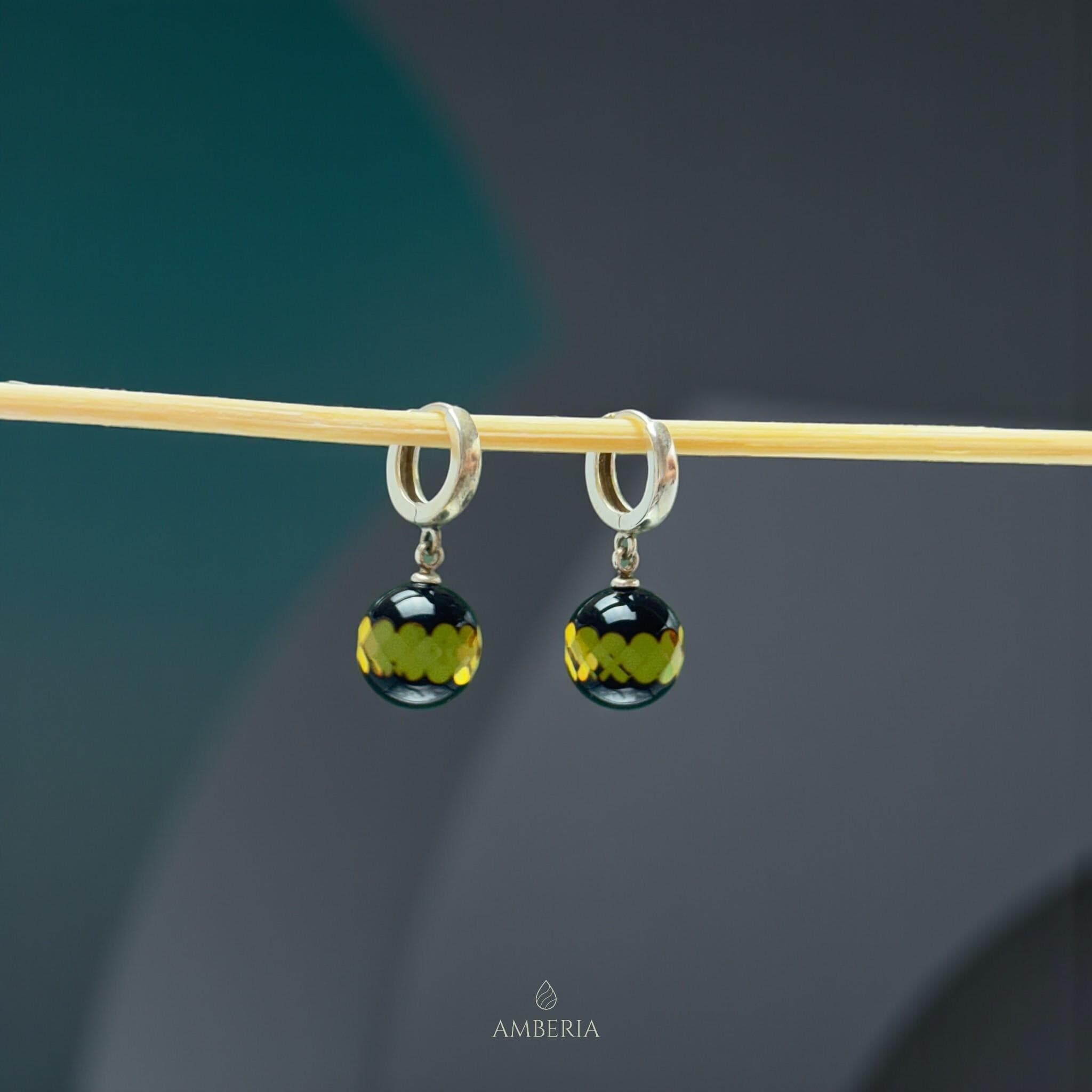 Round Amber Earrings 925 Sterling Silver, Sun Spangles Ball Jewelry, Handcrafted Baltic Accessory