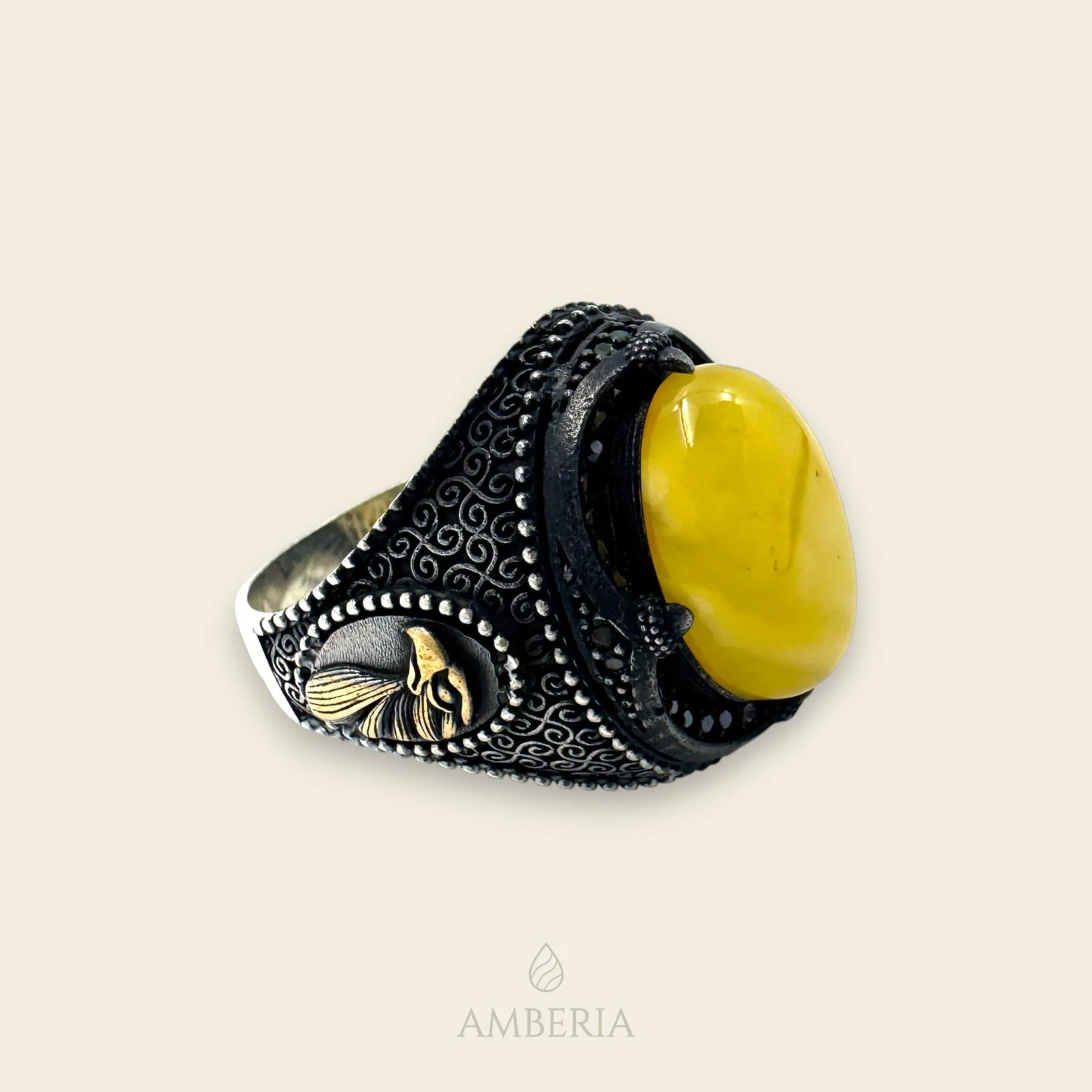 Whirling Dervish Yellow Baltic Amber Ring 925 Sterling Silver Sufi Symbol, Mens Handcrafted Statement Jewelry, Mindfulness Ring