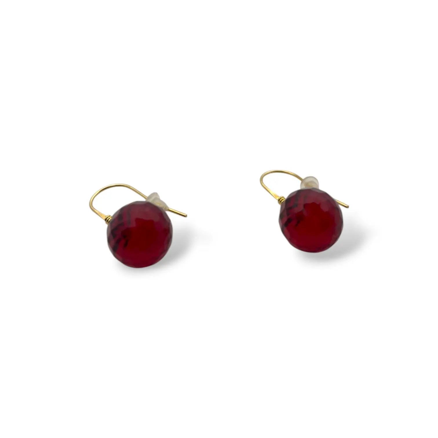 Handmade red amber drop earrings, faceted round gemstone with gold hooks, elegant lightweight jewelry gift for women.
