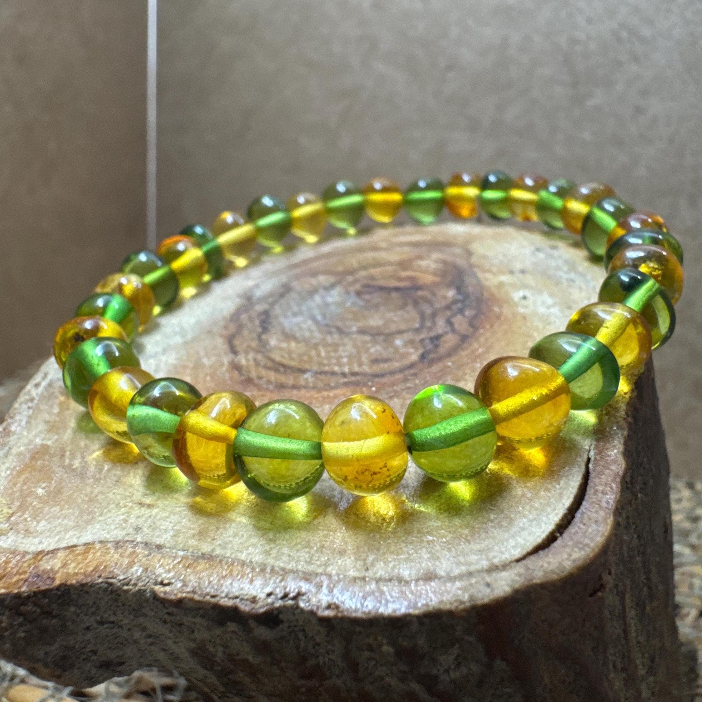100% Polished Green Yellow Amber Bead Bracelet - Bright Natural Amber Jewelry - Positive Energy Gift for Men and Women - image 2