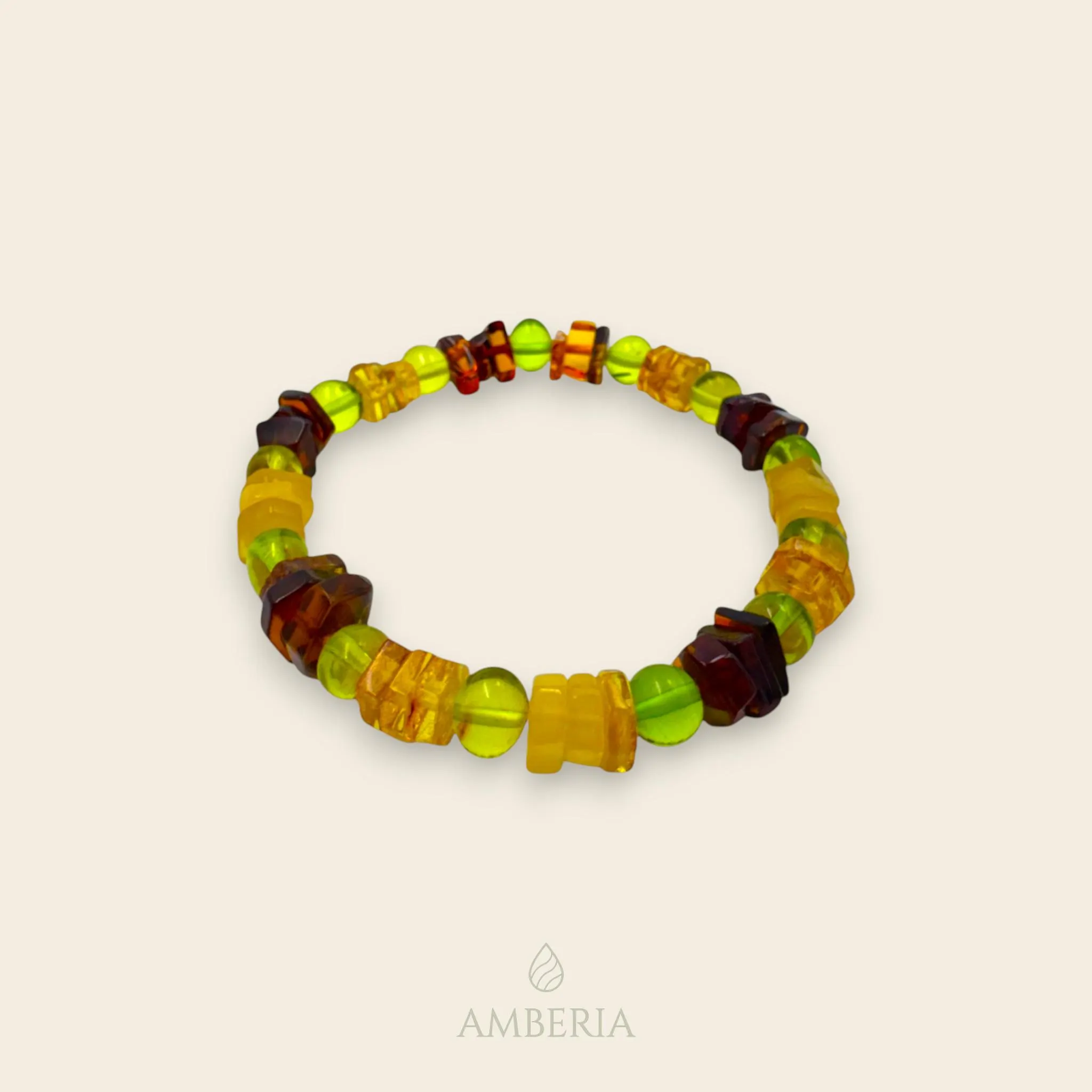 7 mm Unique Baltic Amber Bracelet - Stress Relief - Round and Square Beads in Green Yellow Cognac Colors