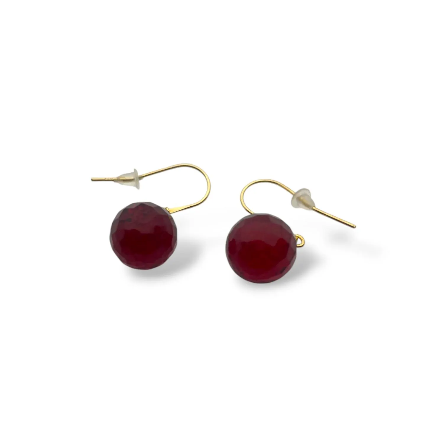 Faceted red amber gemstone earrings with gold hooks, handcrafted dangle design, stylish everyday or evening jewelry gift.