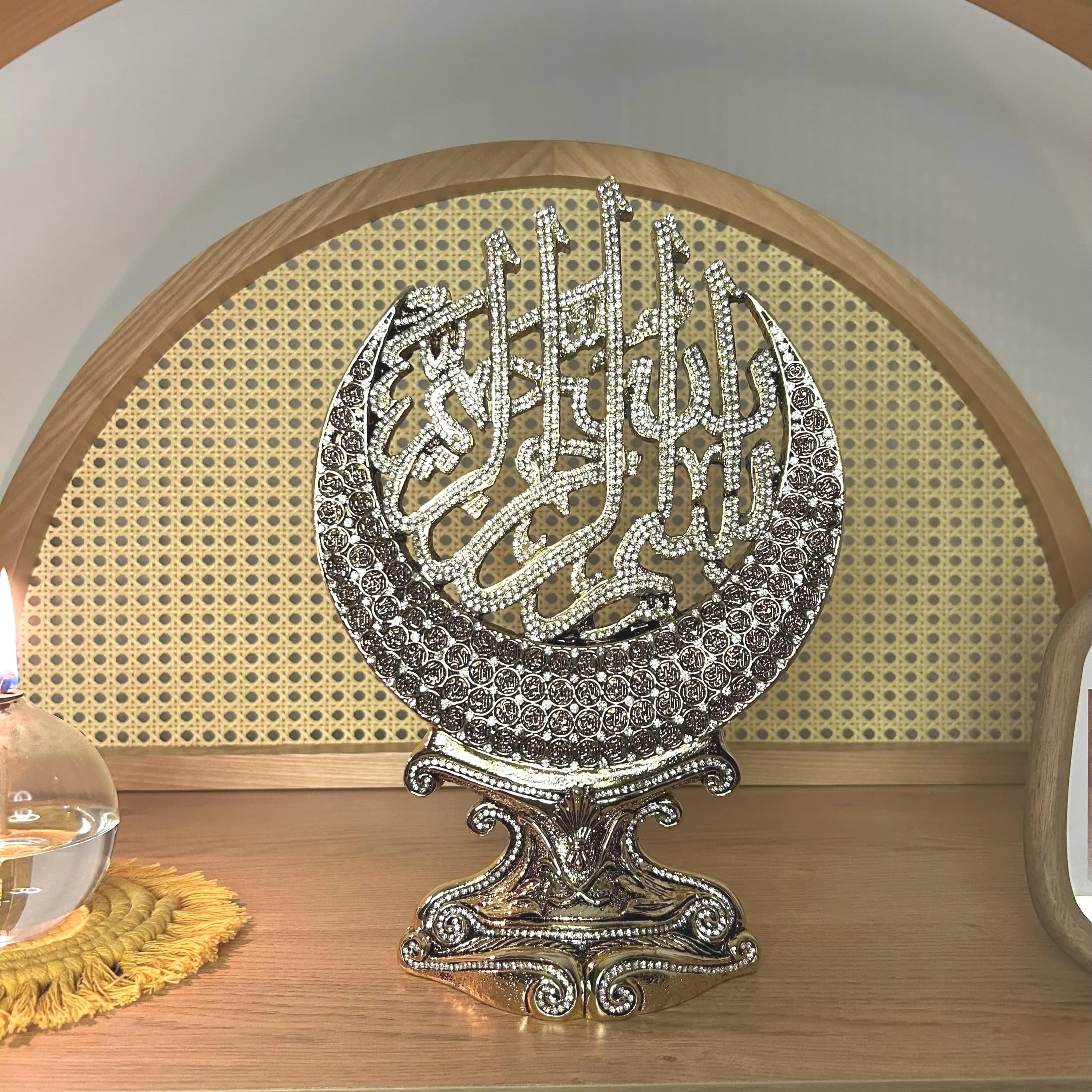 Islamic Calligraphy Home Decor: Crescent Moon Allah Figurine, Swarovski Crystal Muslim Table Decor Gift - image 3