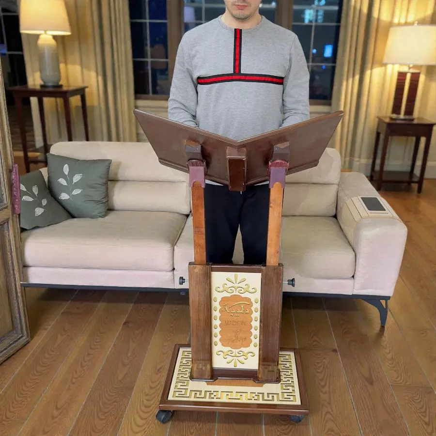 Ultra Big Size Height Adjustable Portable Luxury Quran Stand With Wheels, Wooden Book Holder, Rihal - image 3