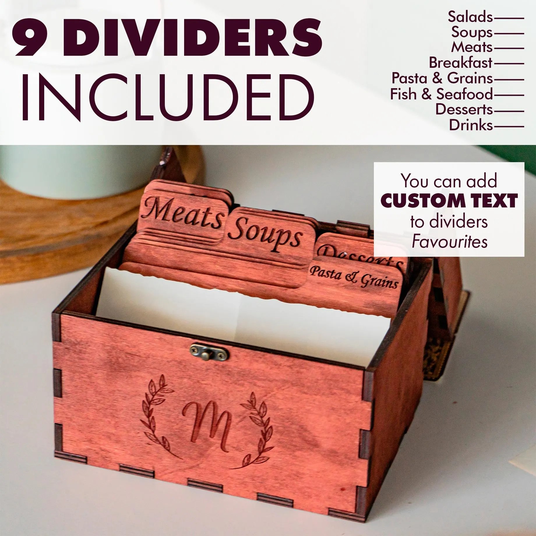 Wooden recipe box, Recipe box with dividers, Custom recipe box, Engraved recipe box 5x7, Recipe card box, Recipe organizer,Mother's day gift - image 4