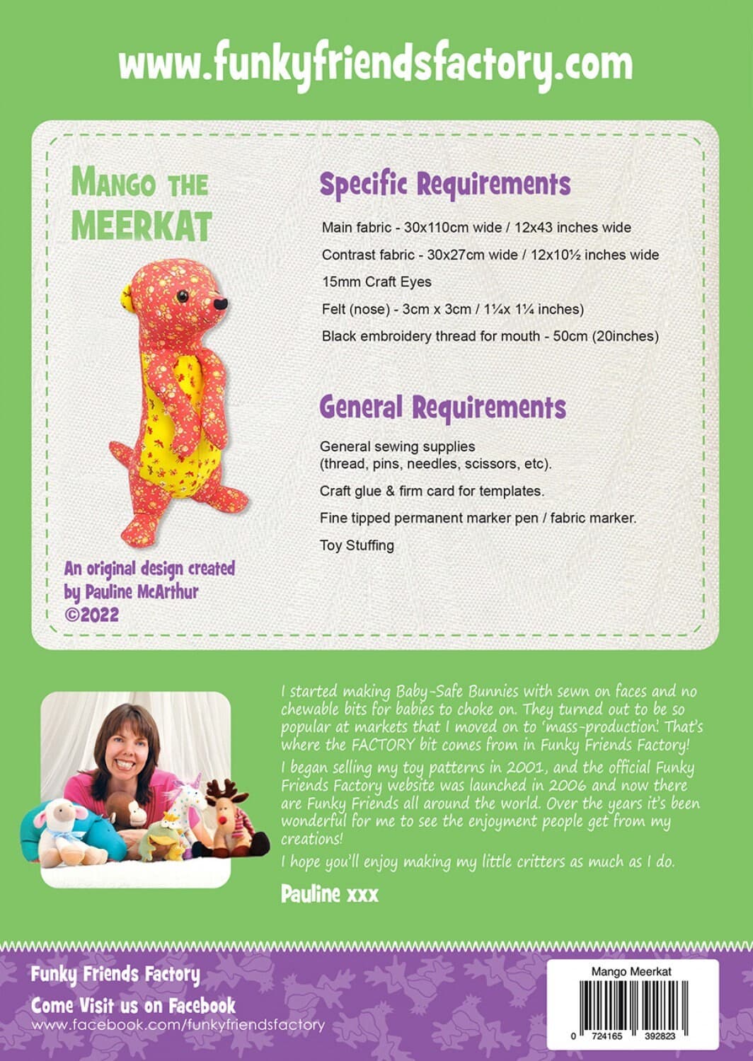 Funky Friends Factory, Stuffed Animal Pattern, Stuffie Pattern, Pauline McArthur Pattern, FFF Printed Pattern, Mango the Meerkat - image 3
