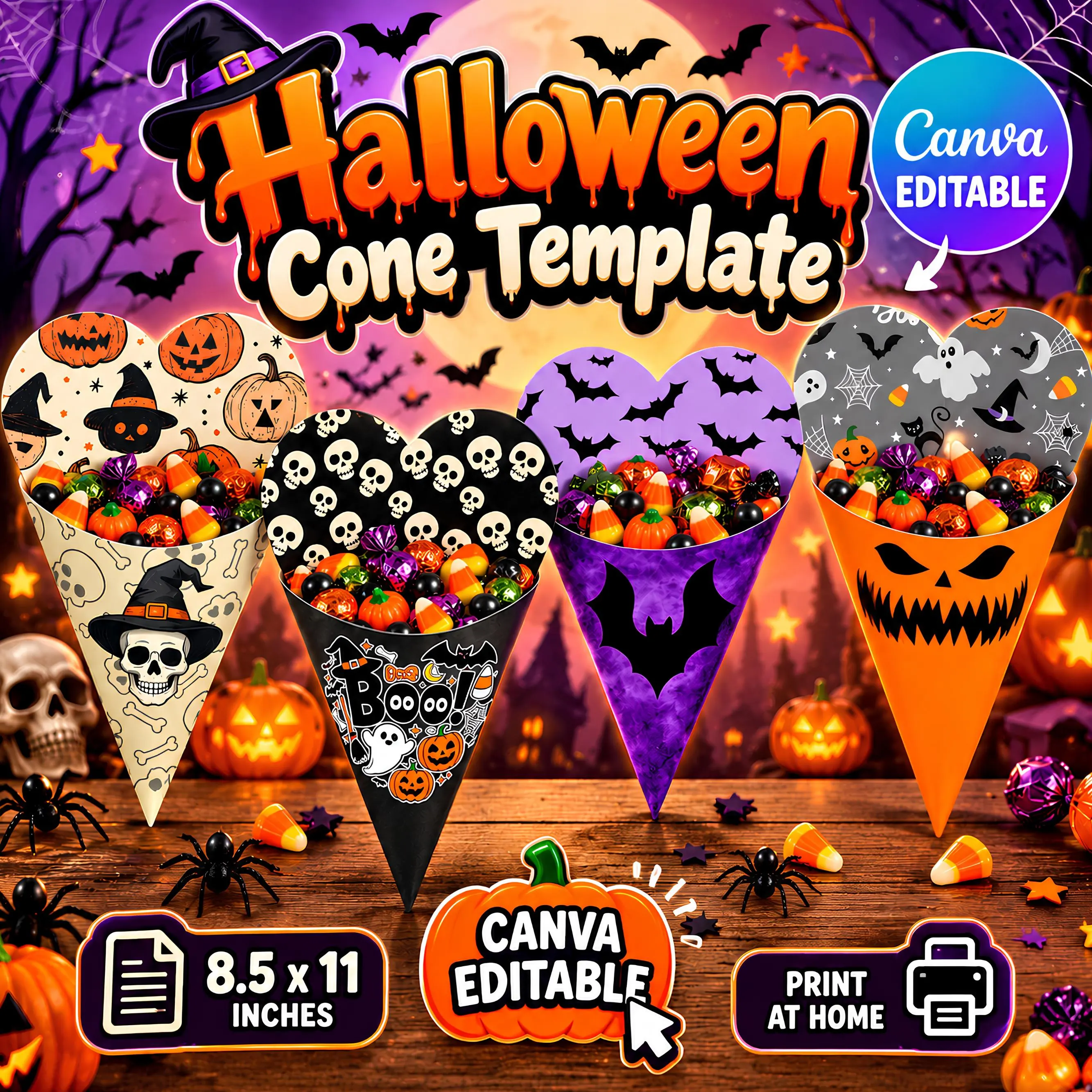 Printable Halloween Cone Favors, Spooky Party Treats, Halloween kids treat favor, Trick Or Treat Bags, Classroom Treat Candy Bags