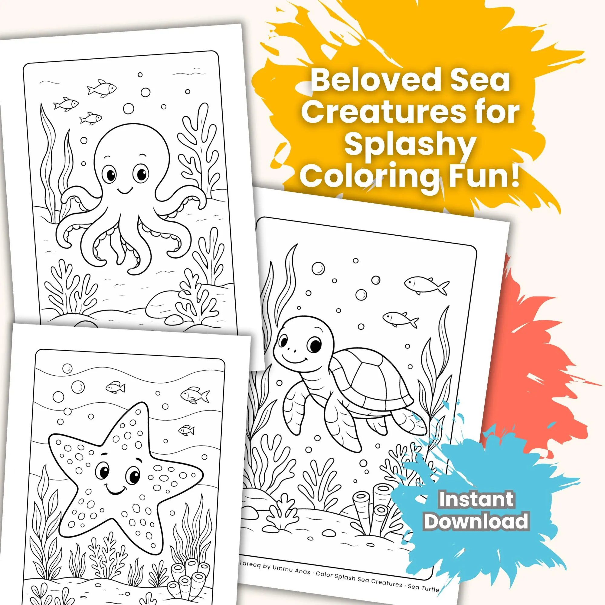Sea Animal Coloring Pages: Dolphin, Turtle, Octopus, Shark (Printable PDF) - image 4