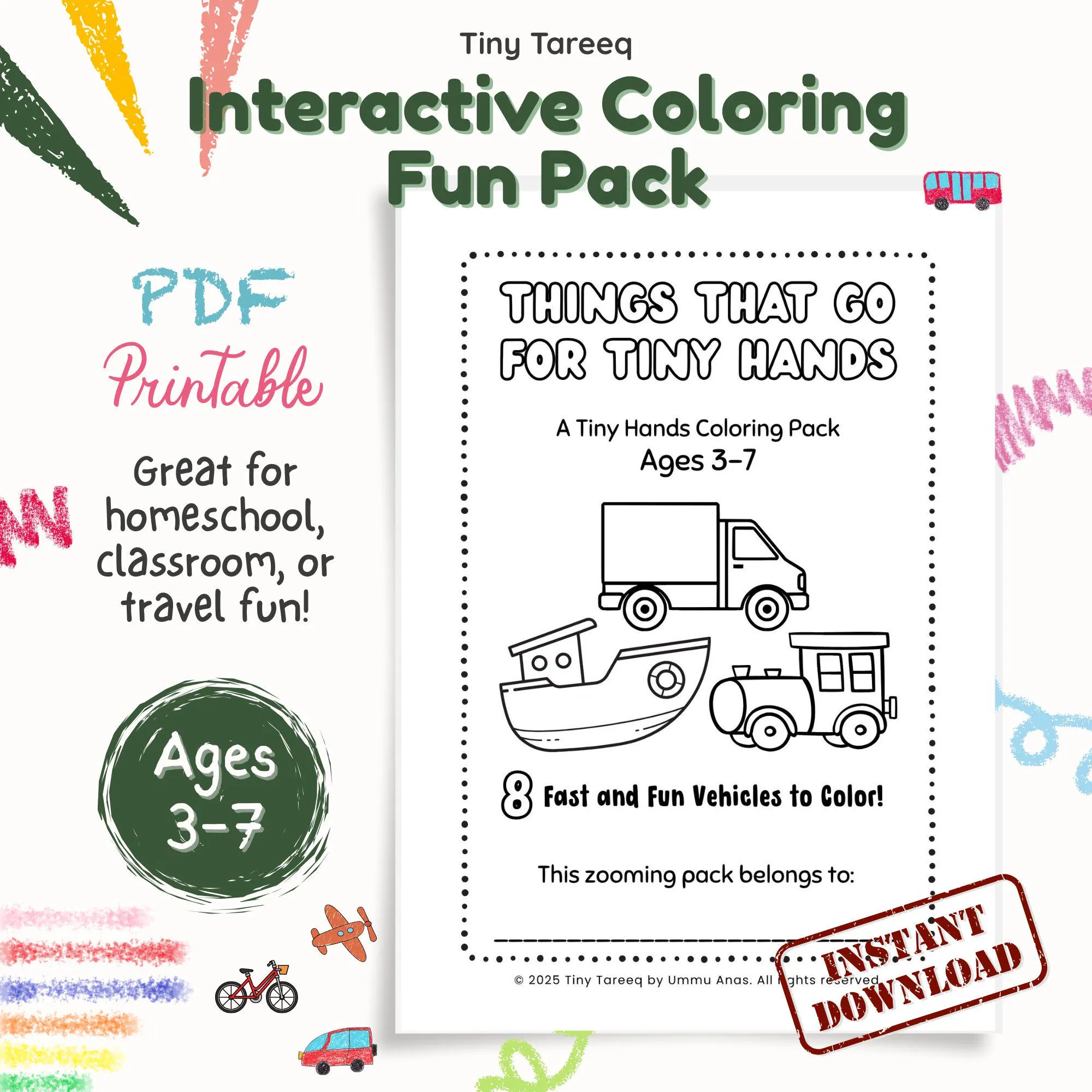 Vehicle Coloring Book for Kids: Transport Activity Pack (Printable PDF) Ages 3-7 - image 3