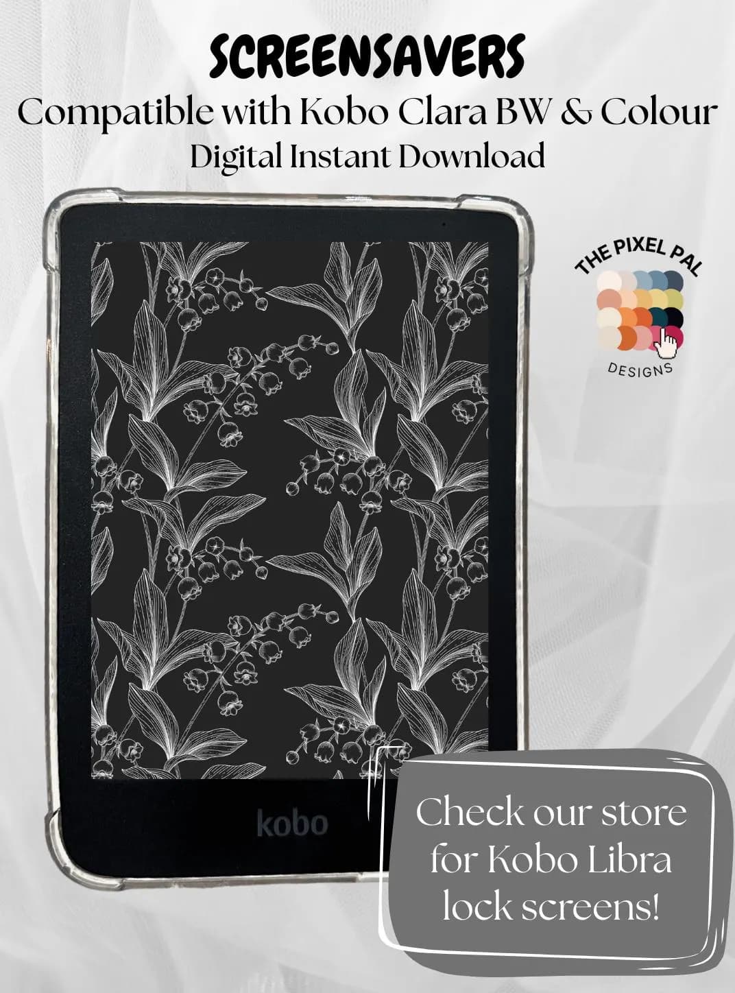 Floral Kobo Clara Wallpaper – Dark Mode Botanical eReader Background (Color & BW) - image 3