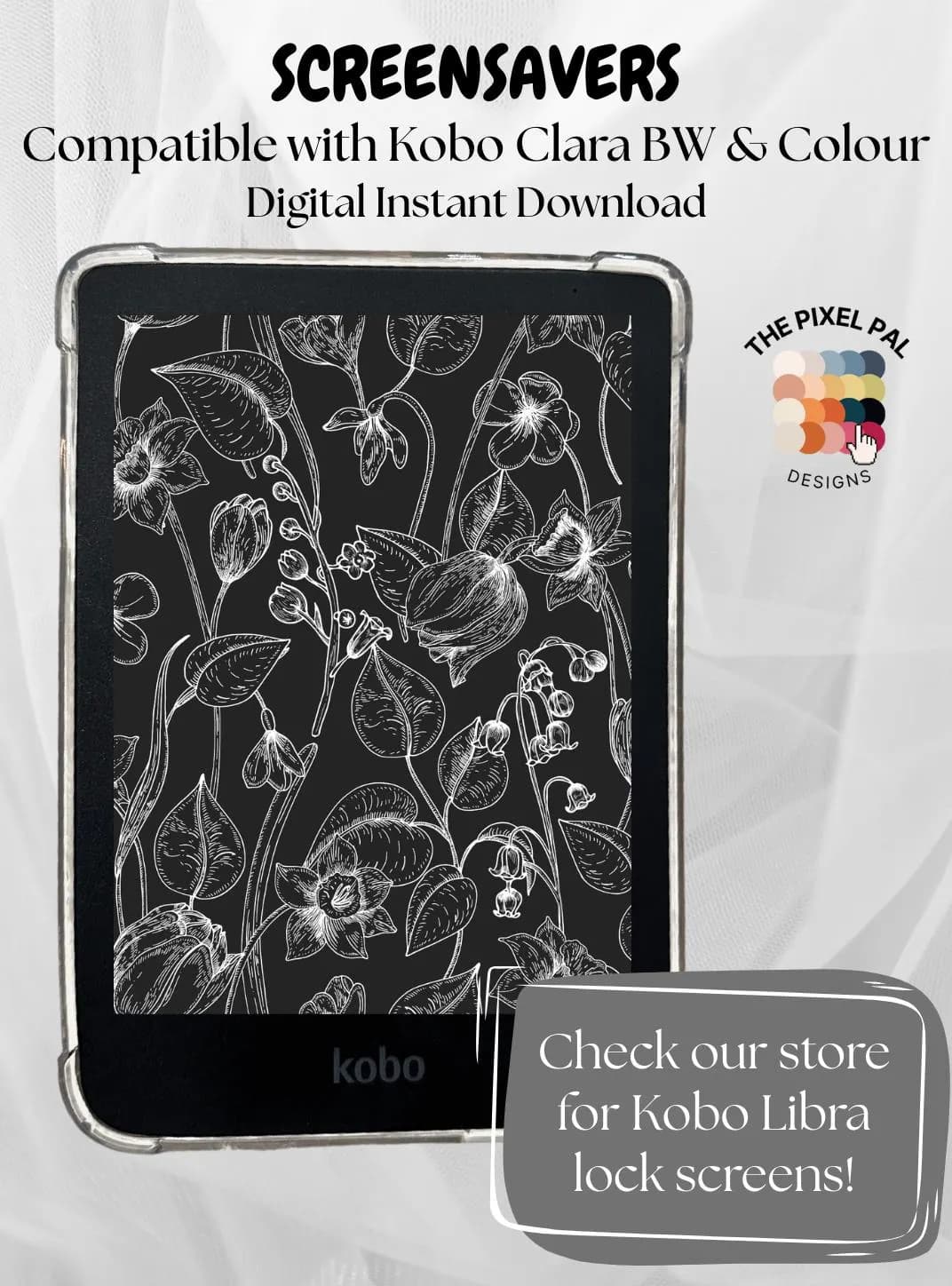 Floral Kobo Clara Wallpaper – Dark Mode Botanical eReader Background (Color & BW) - image 4