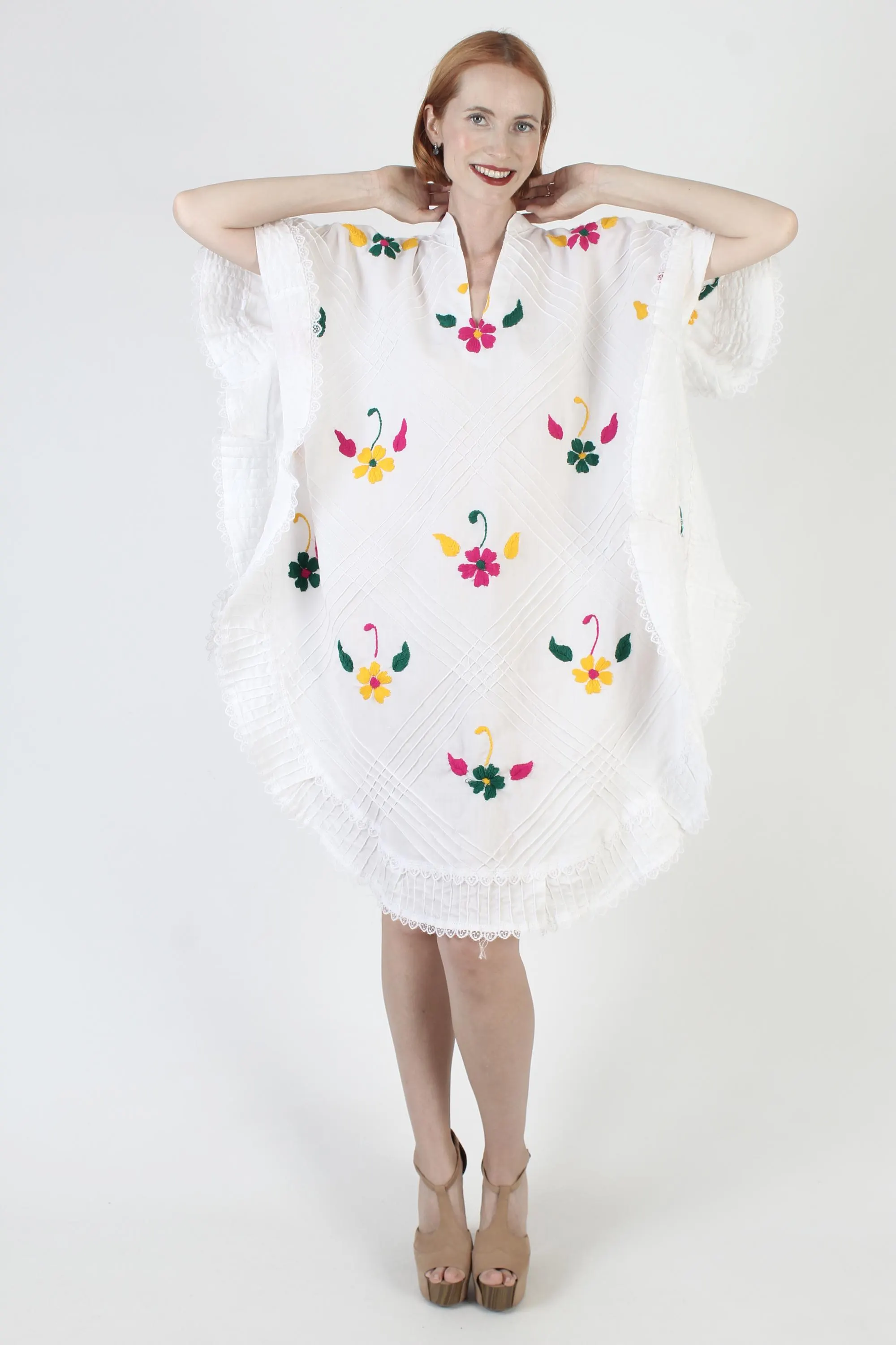 Embroidered Mexican Caftan: White Cotton Blend Floral Cover Up - image 3