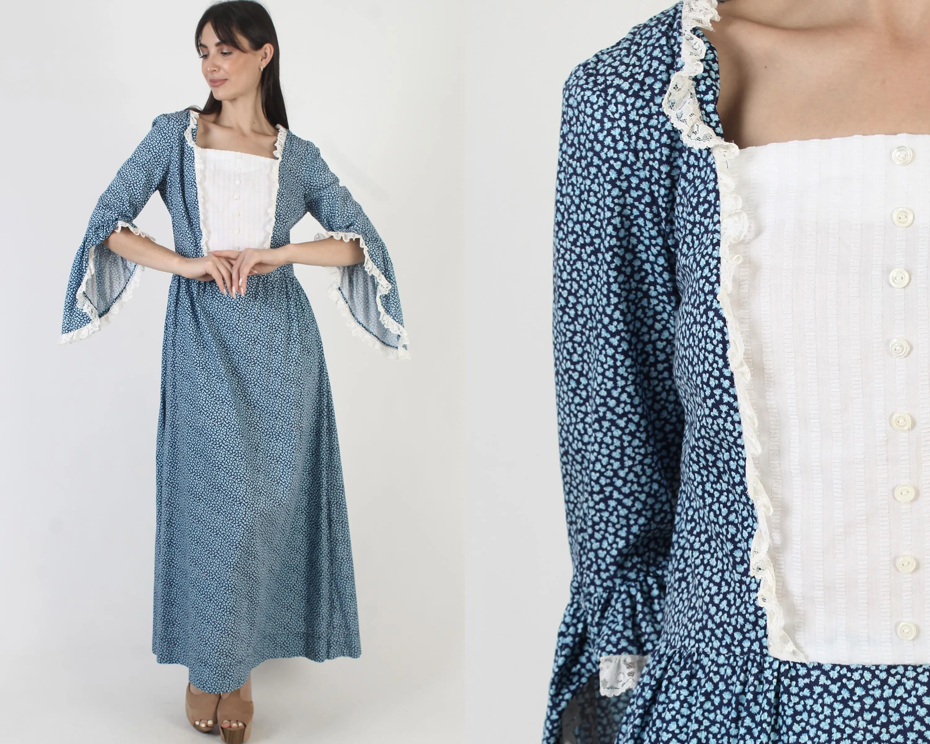 Old Fashioned Calico Dress Vintage Country Western Style Southern Belle Gown Angel Bell Sleeves