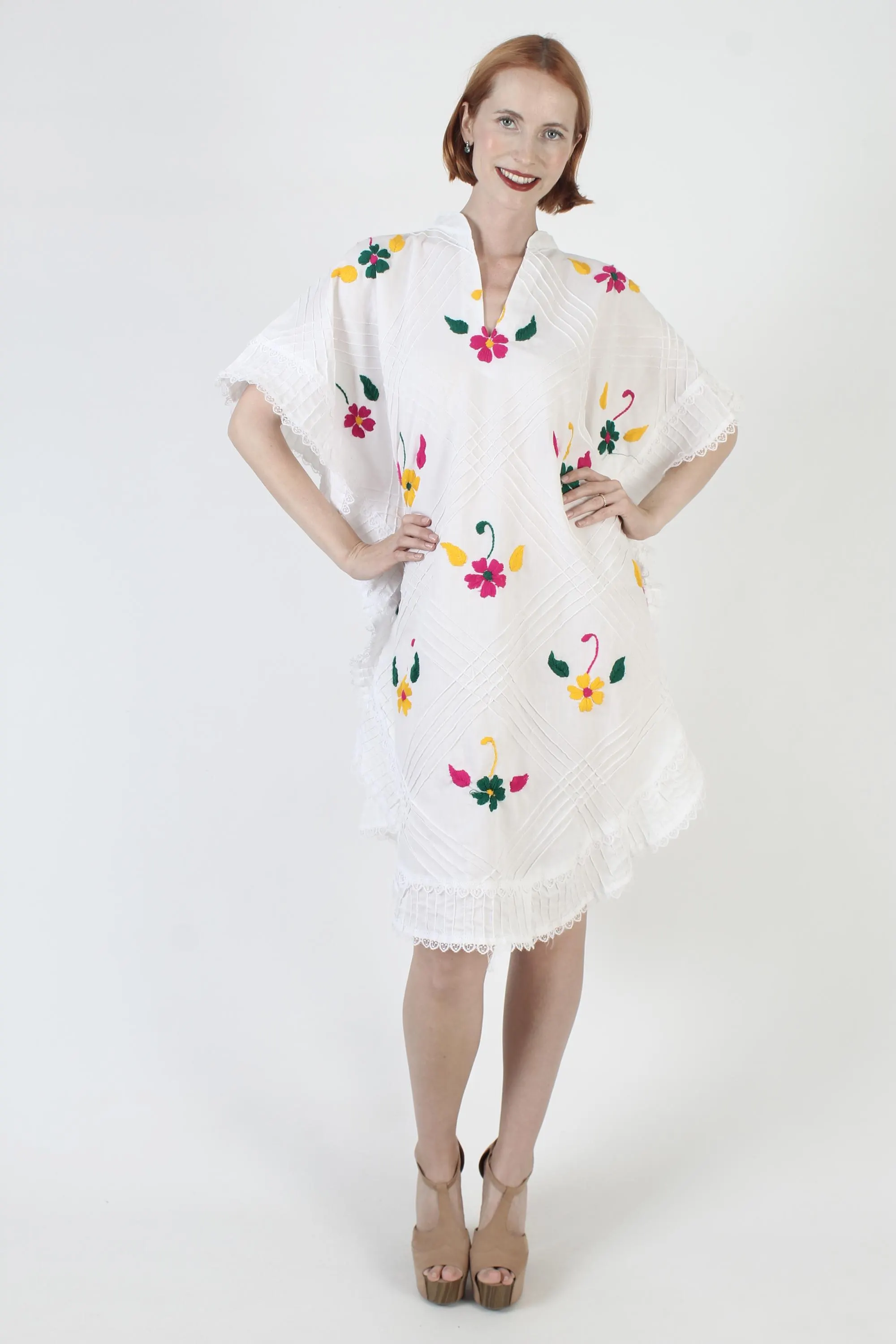 Embroidered Mexican Caftan: White Cotton Blend Floral Cover Up - image 4