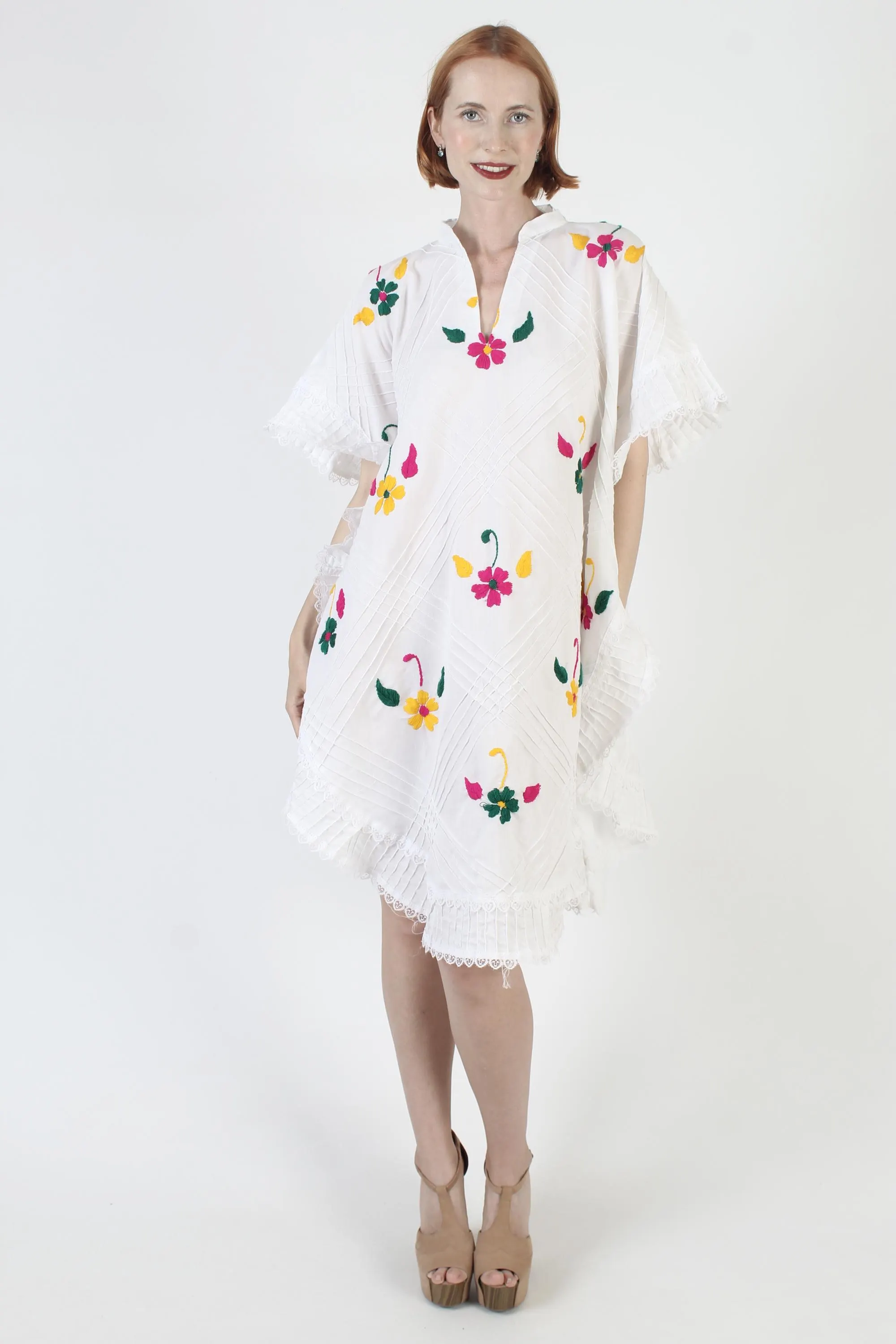Embroidered Mexican Caftan: White Cotton Blend Floral Cover Up - image 5