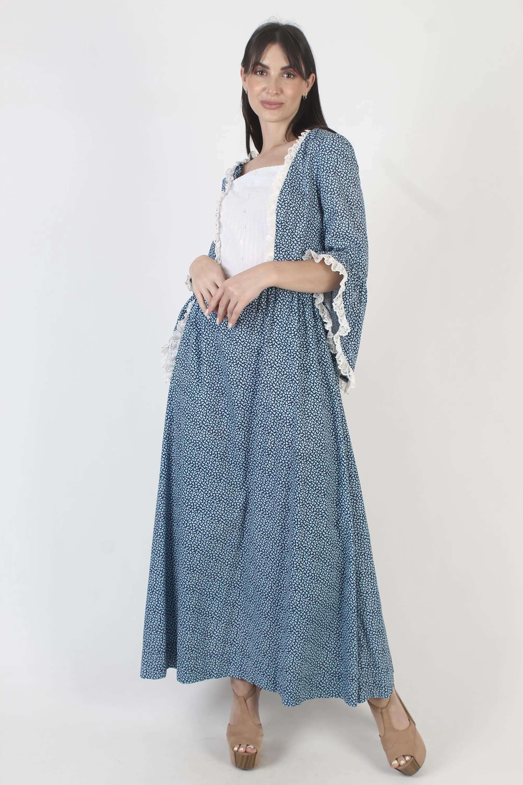 Old Fashioned Calico Dress Vintage Country Western Style Southern Belle Gown Angel Bell Sleeves - image 5