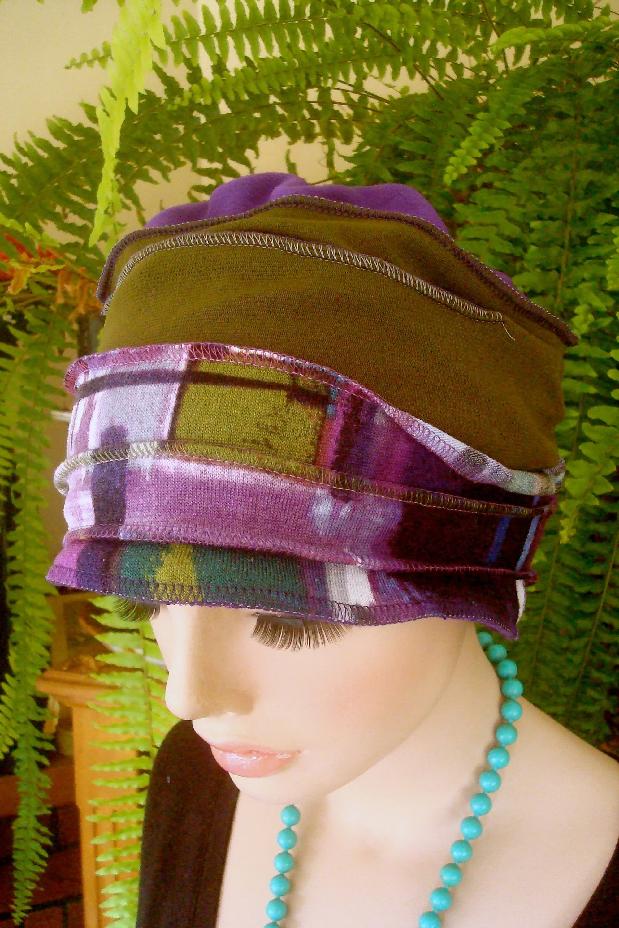 Womens winter hat Chemo Hat Beanie Headcover Flapper chemo hat purple green - image 4