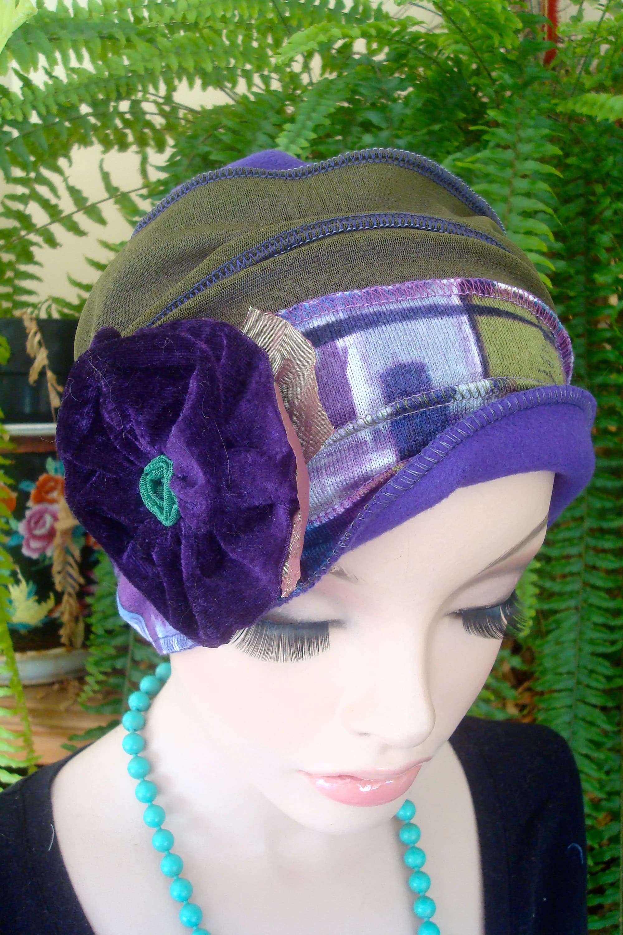 Womens winter hat Chemo Hat Beanie Headcover Flapper chemo hat purple green - image 3