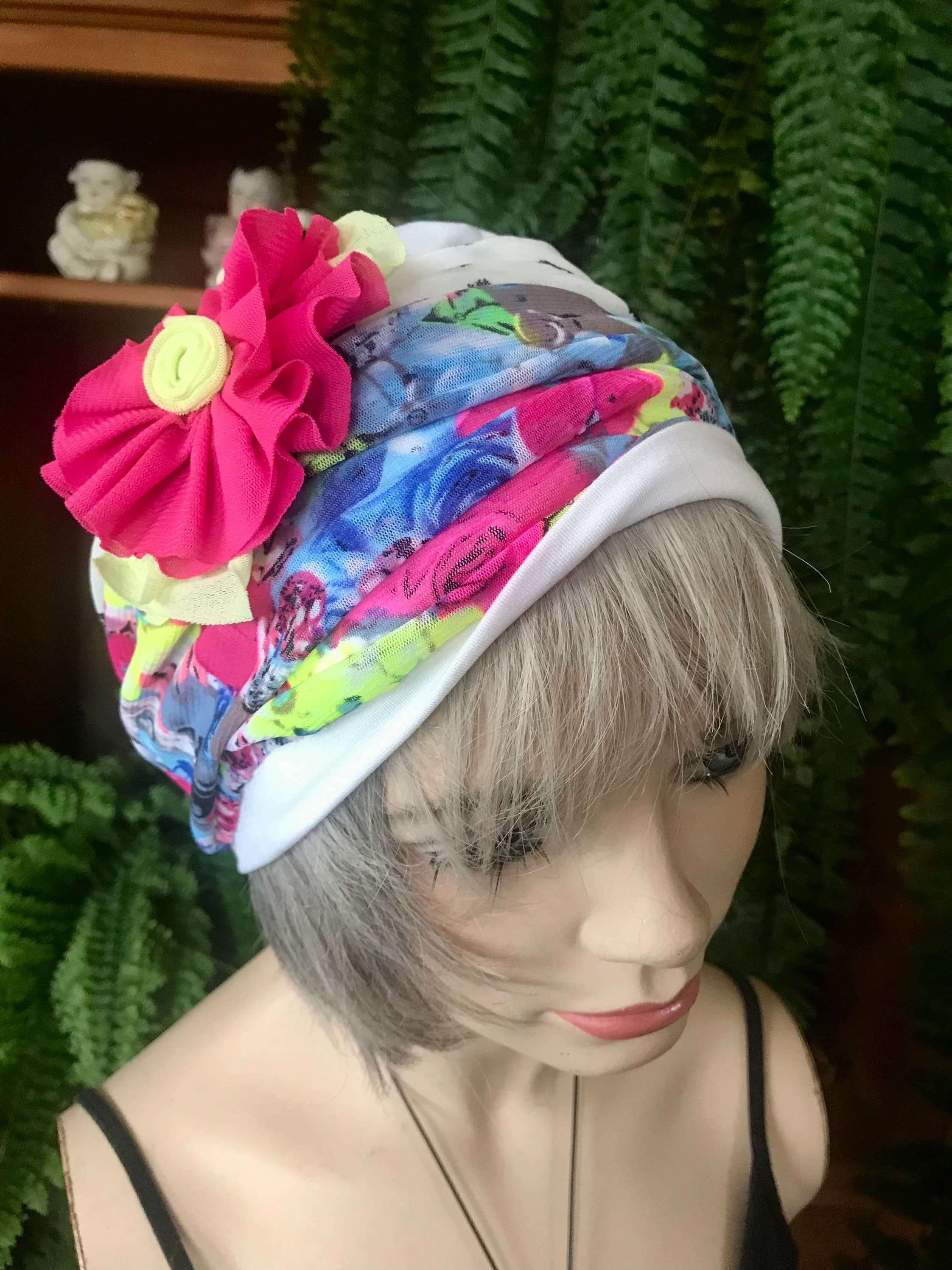 womens chemo hat chemo cap soft hats head covers with two separate bands and flower - image 4