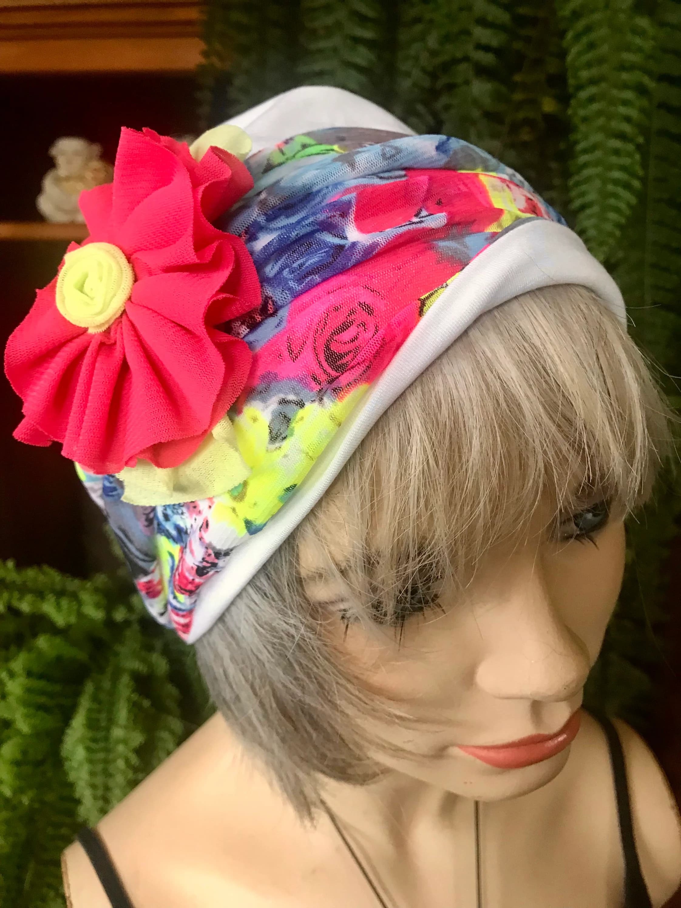 womens chemo hat chemo cap soft hats head covers with two separate bands and flower - image 5