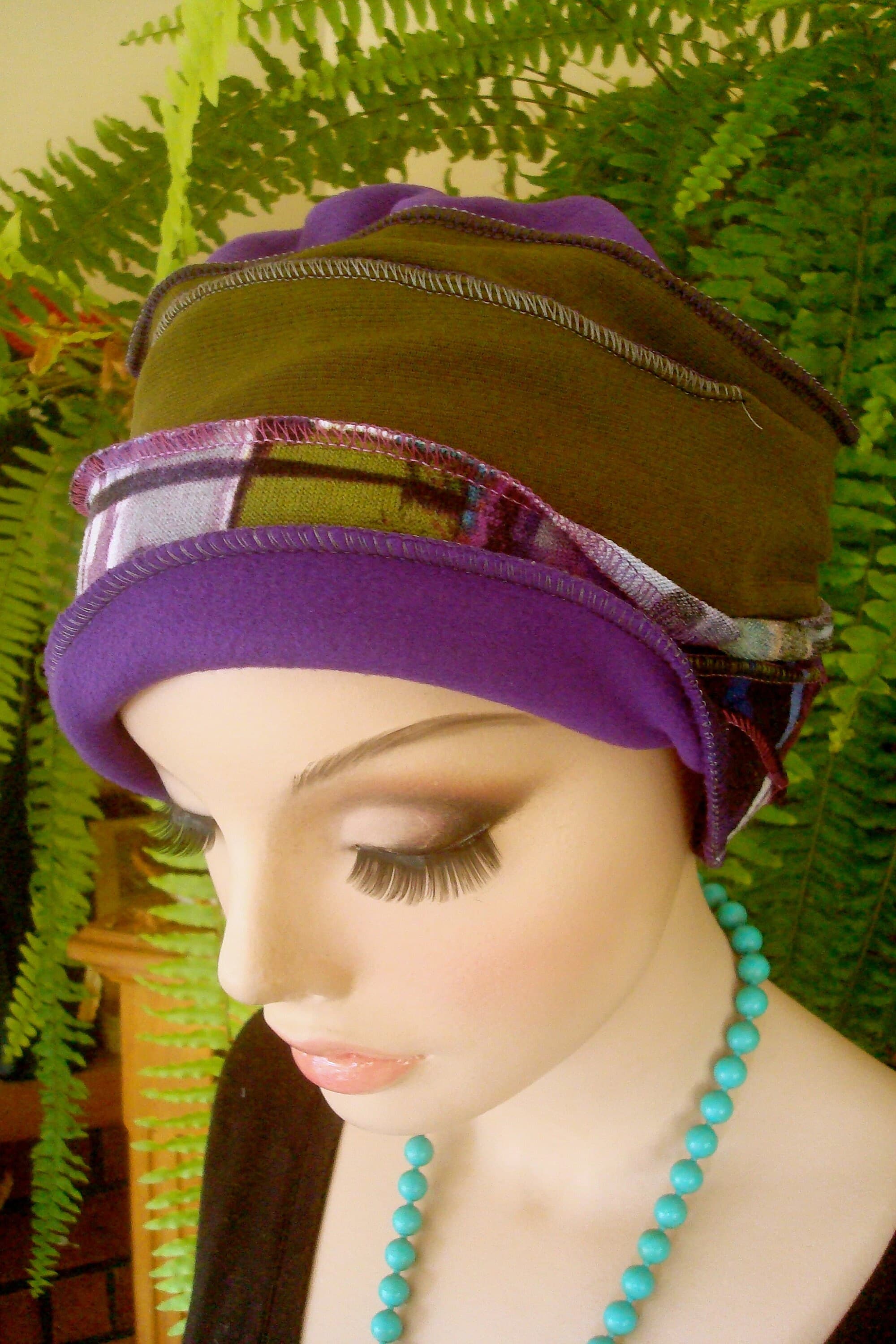 Womens winter hat Chemo Hat Beanie Headcover Flapper chemo hat purple green - image 5
