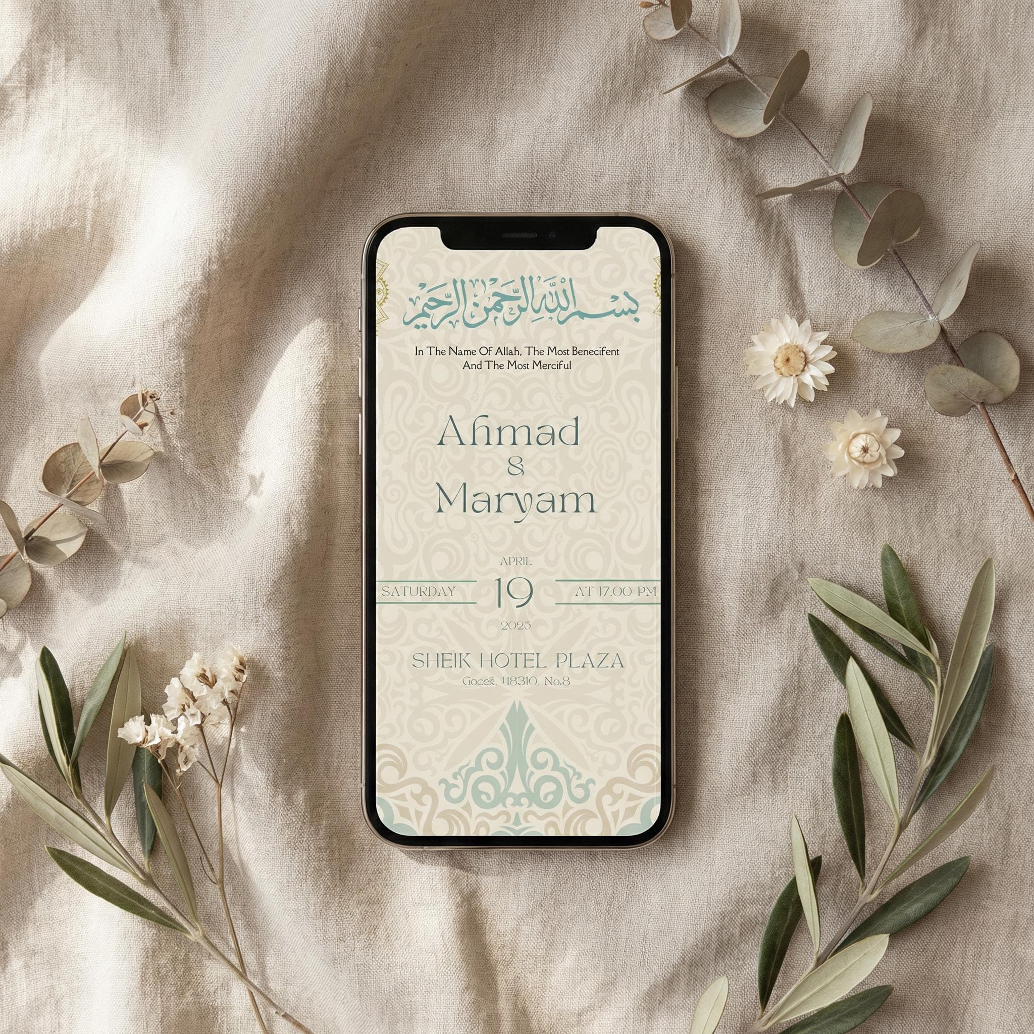 Islamic Nikah Invitation Template, Editable Muslim Ceremony Card, Arabic Canva Download - image 3