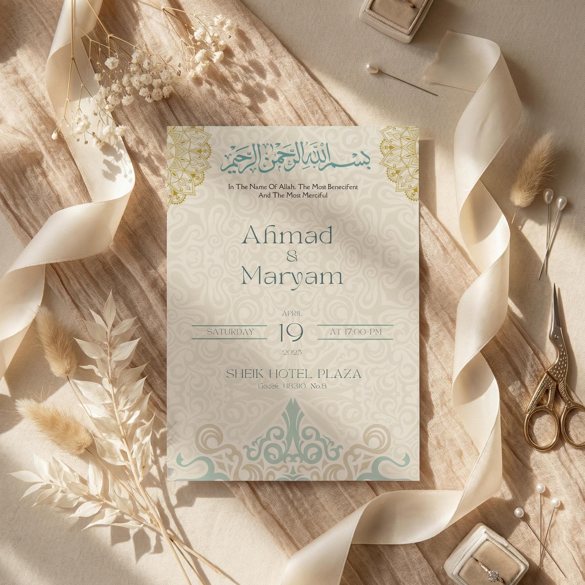 Islamic Nikah Invitation Template, Editable Muslim Ceremony Card, Arabic Canva Download