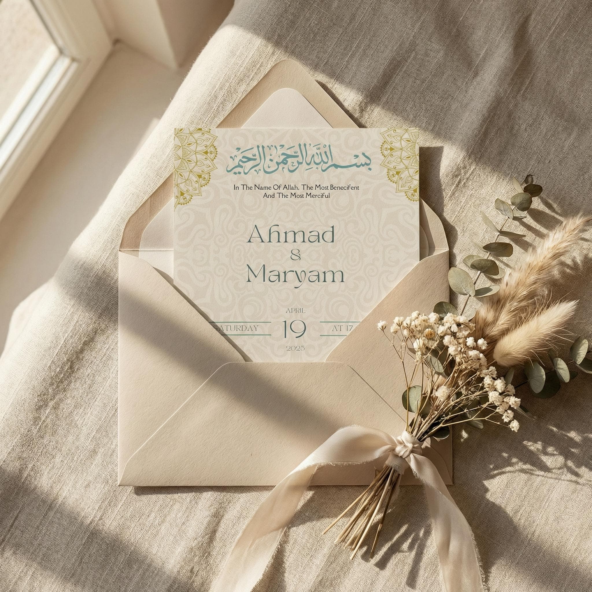 Islamic Nikah Invitation Template, Editable Muslim Ceremony Card, Arabic Canva Download - image 2