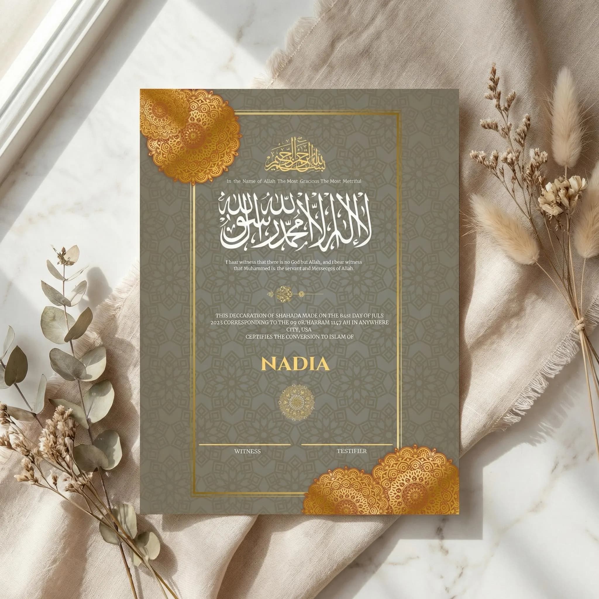 Editable Shahada Certificate Template, Islamic Calligraphy Conversion Gift, Printable Muslim Canva - image 2