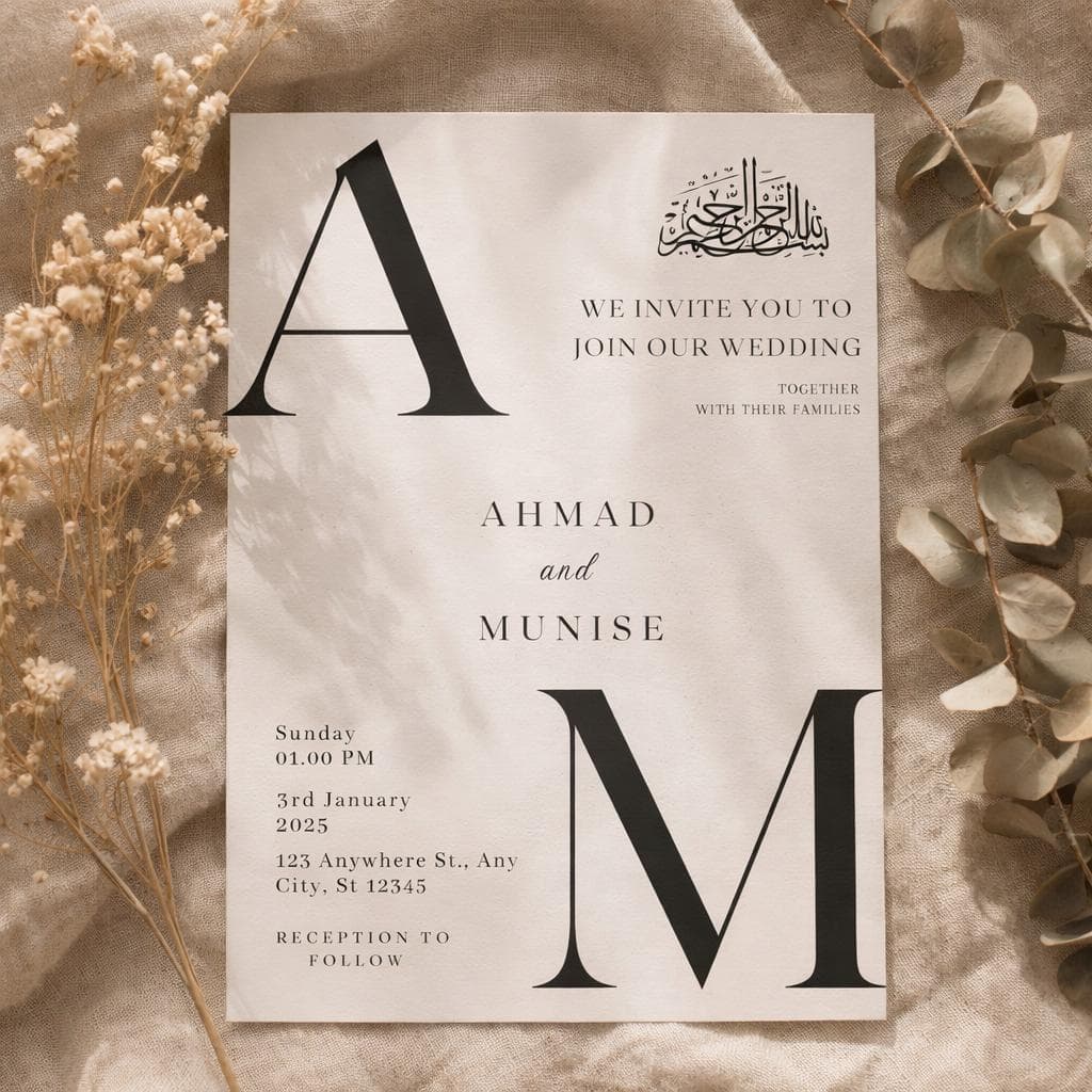 Editable Islamic Wedding Invitation Template, Modern Nikkah Invite, Minimal Muslim Wedding Canva Card