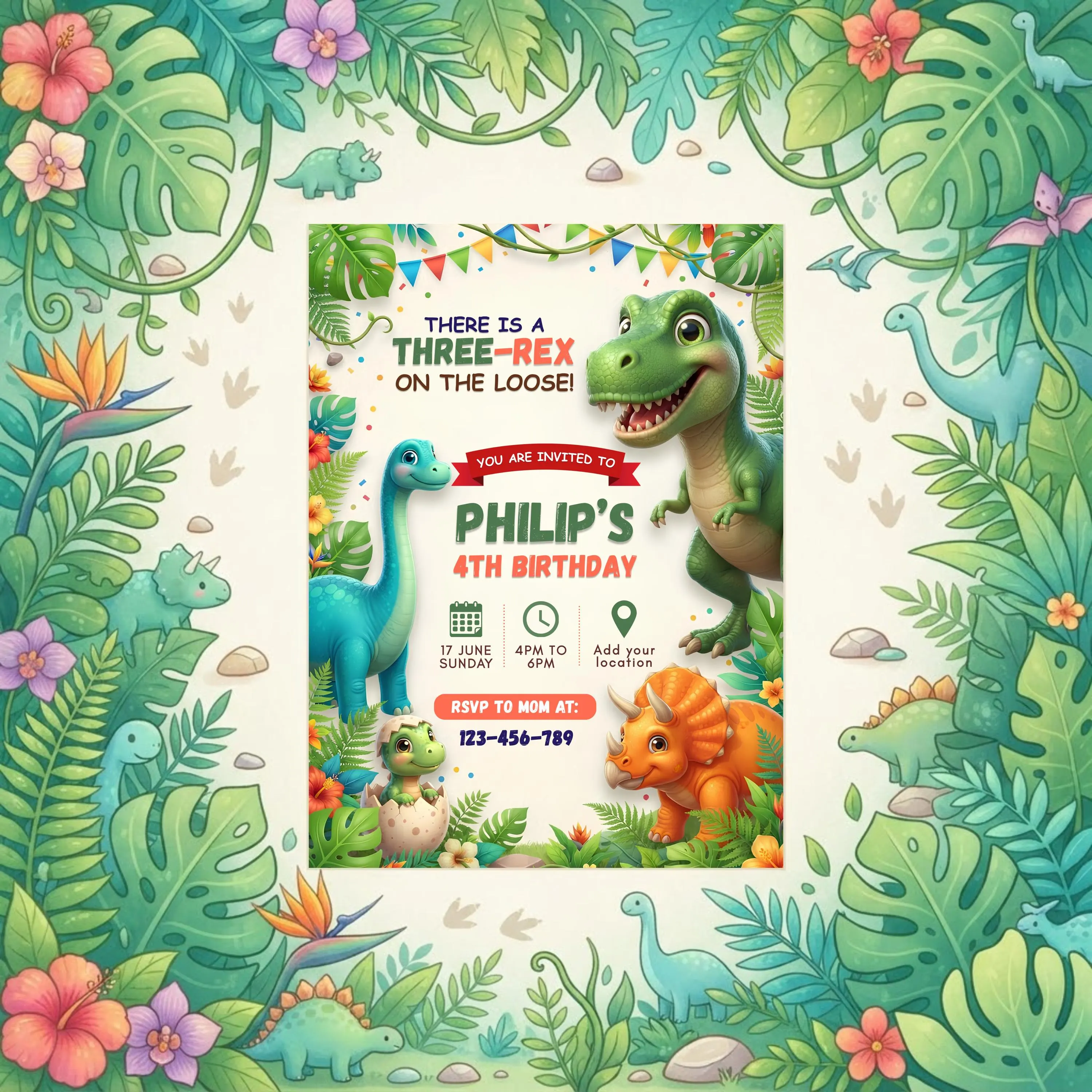 Dinosaur Birthday Invitation Template, Three-Rex Editable Canva Invite, Jungle Dino Party Invite, Printable Instant Download - image 3