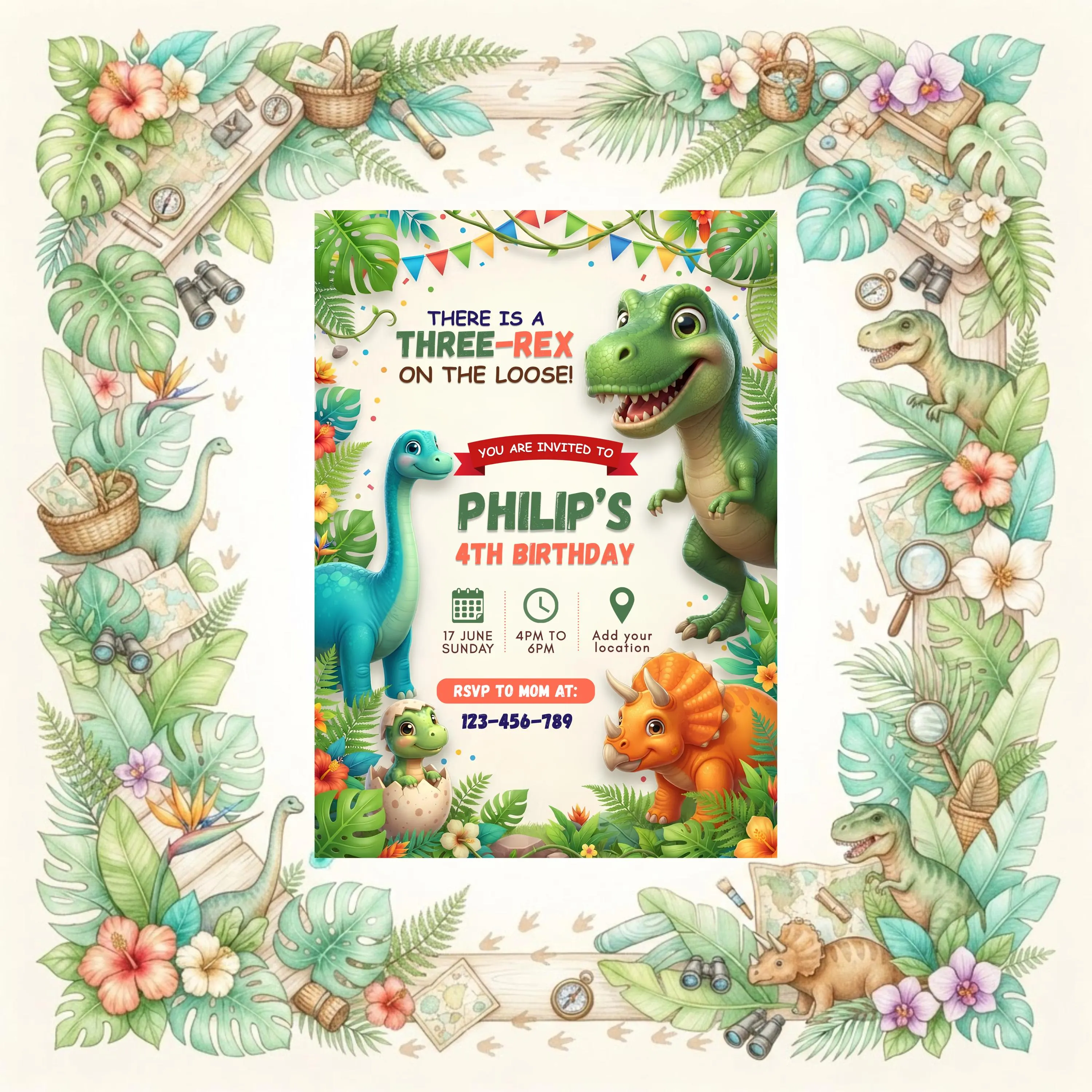 Dinosaur Birthday Invitation Template, Three-Rex Editable Canva Invite, Jungle Dino Party Invite, Printable Instant Download - image 4