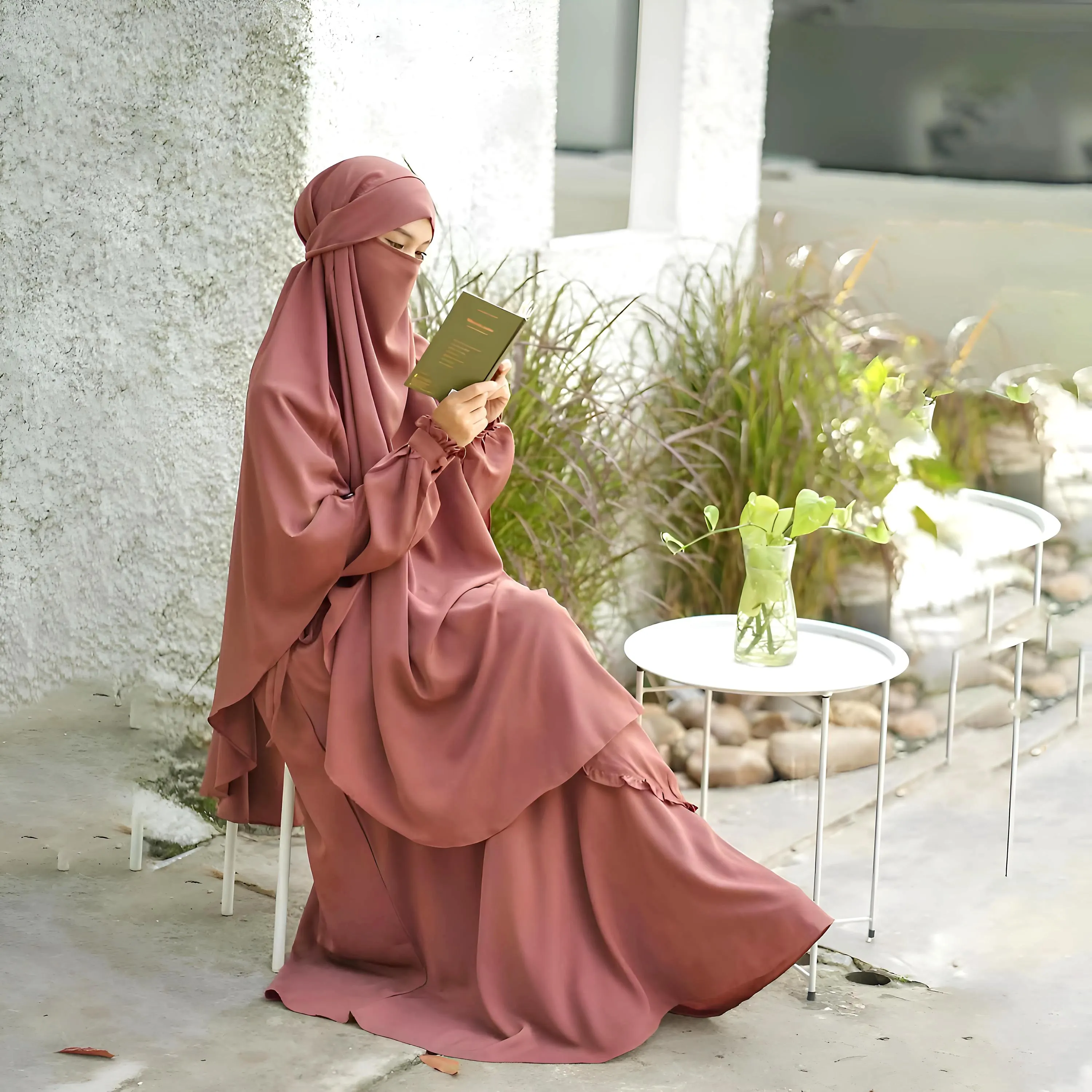 Ruffle Layer Abaya Dress with French Khimar: Peach Koshibo Islamic Outfit