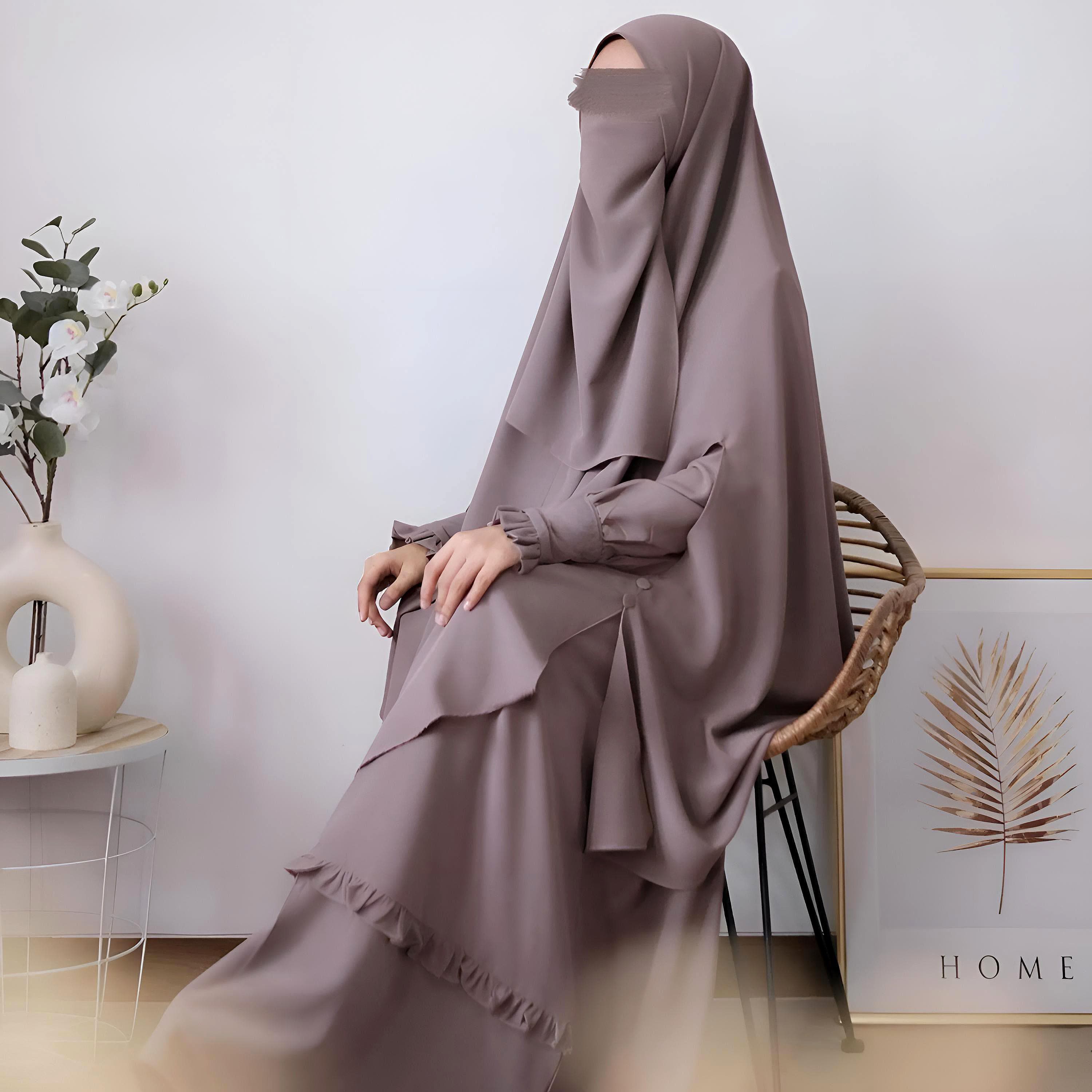 Elegant Rose Crepe Abaya Khimar Suit: Ruffle Maxi Dress