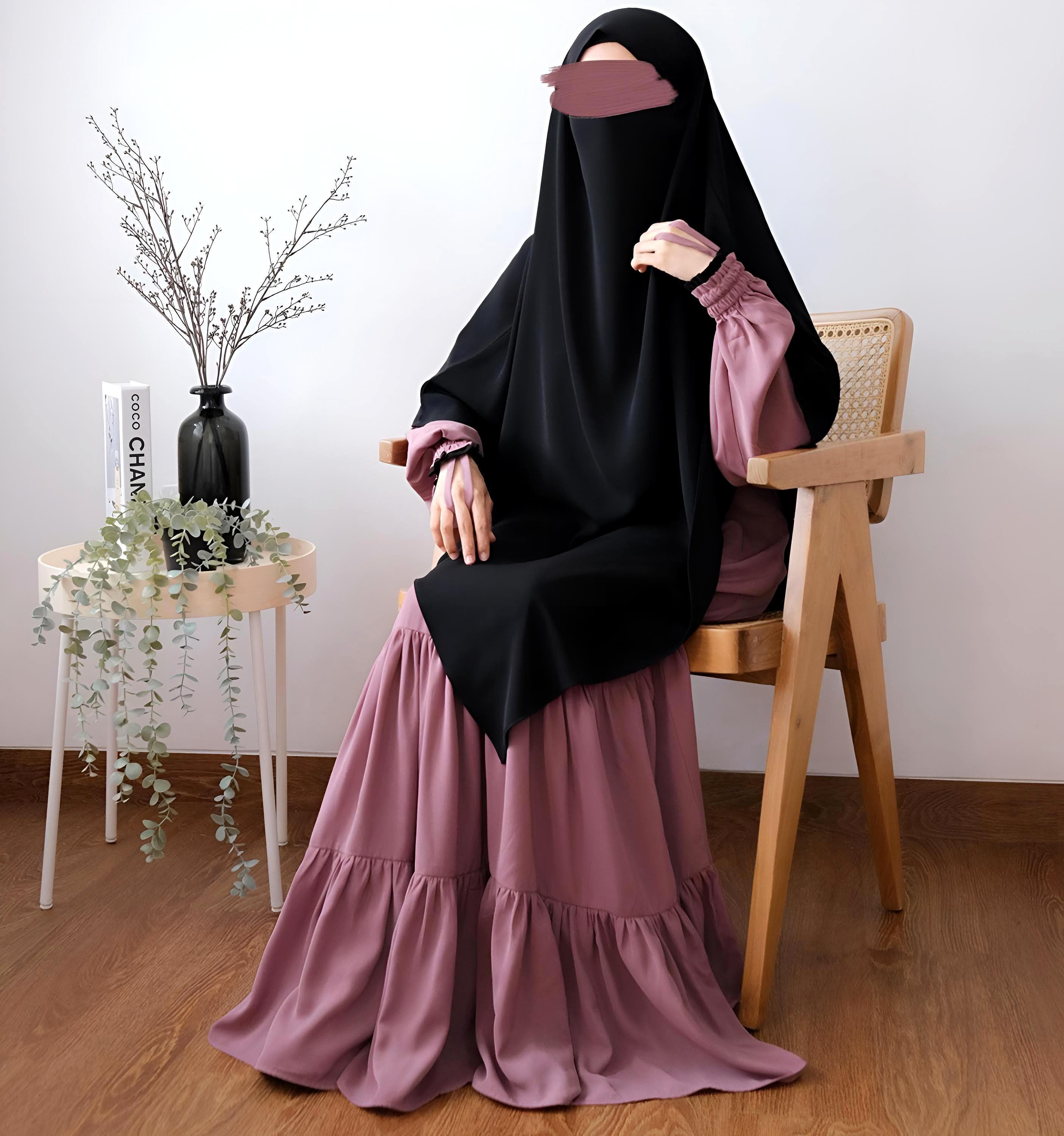 Tiered Diorpeach Abaya with French Khimar: Modest Muslim Dress