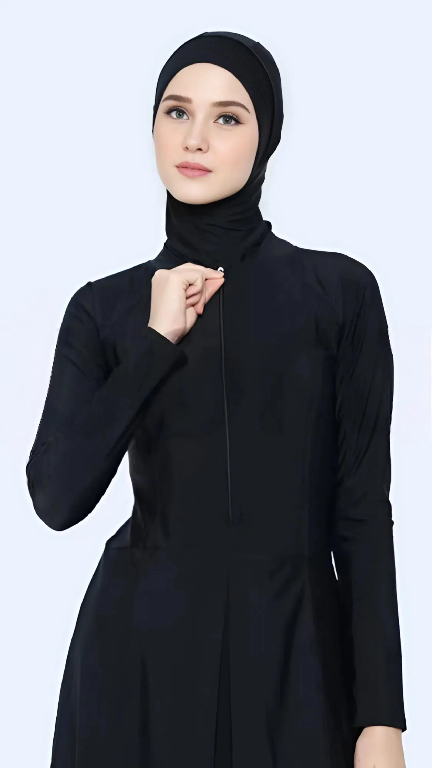 Muslim women’s modest swimwear burkini set with hijab, nylon spandex full coverage bathing suit in black with teal side panel