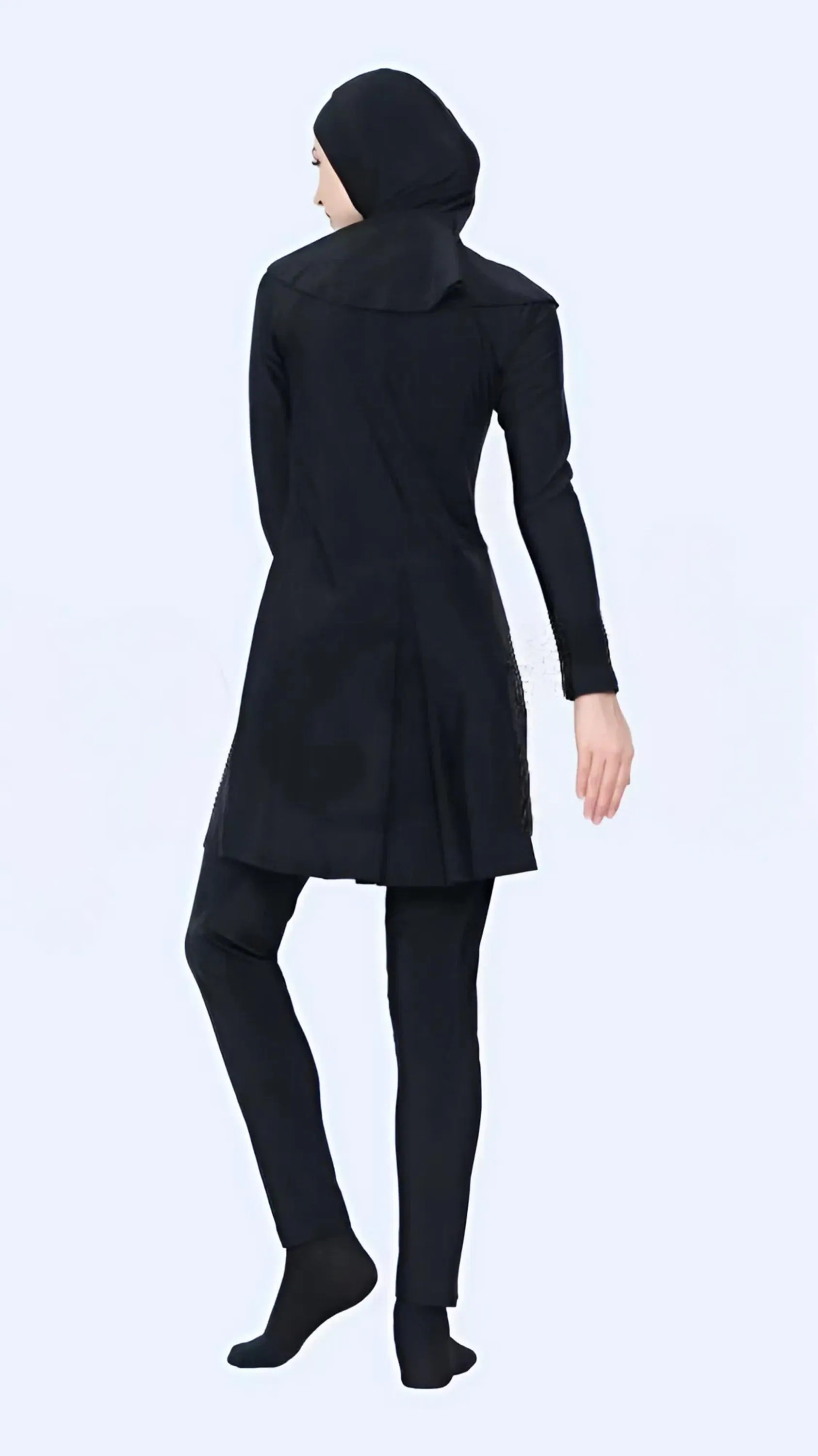 Muslim women’s modest swimwear burkini set with hijab, nylon spandex full coverage bathing suit in black with teal side panel