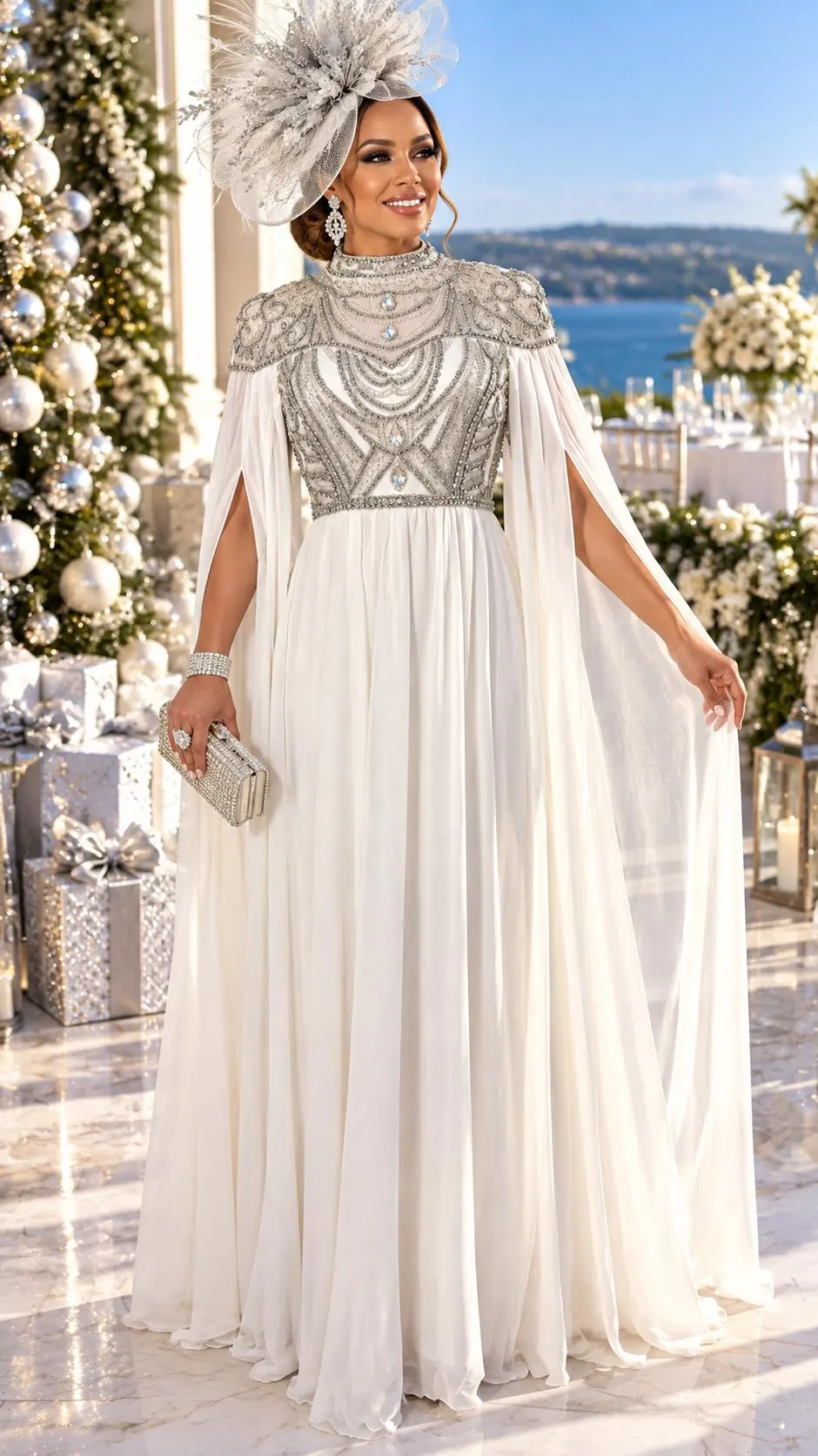 White Crystal Beaded Cape Sleeve Chiffon Dress Formal Wedding Guest Gown Mother Bride Holiday Cocktail Party Birthday Engagement Reception