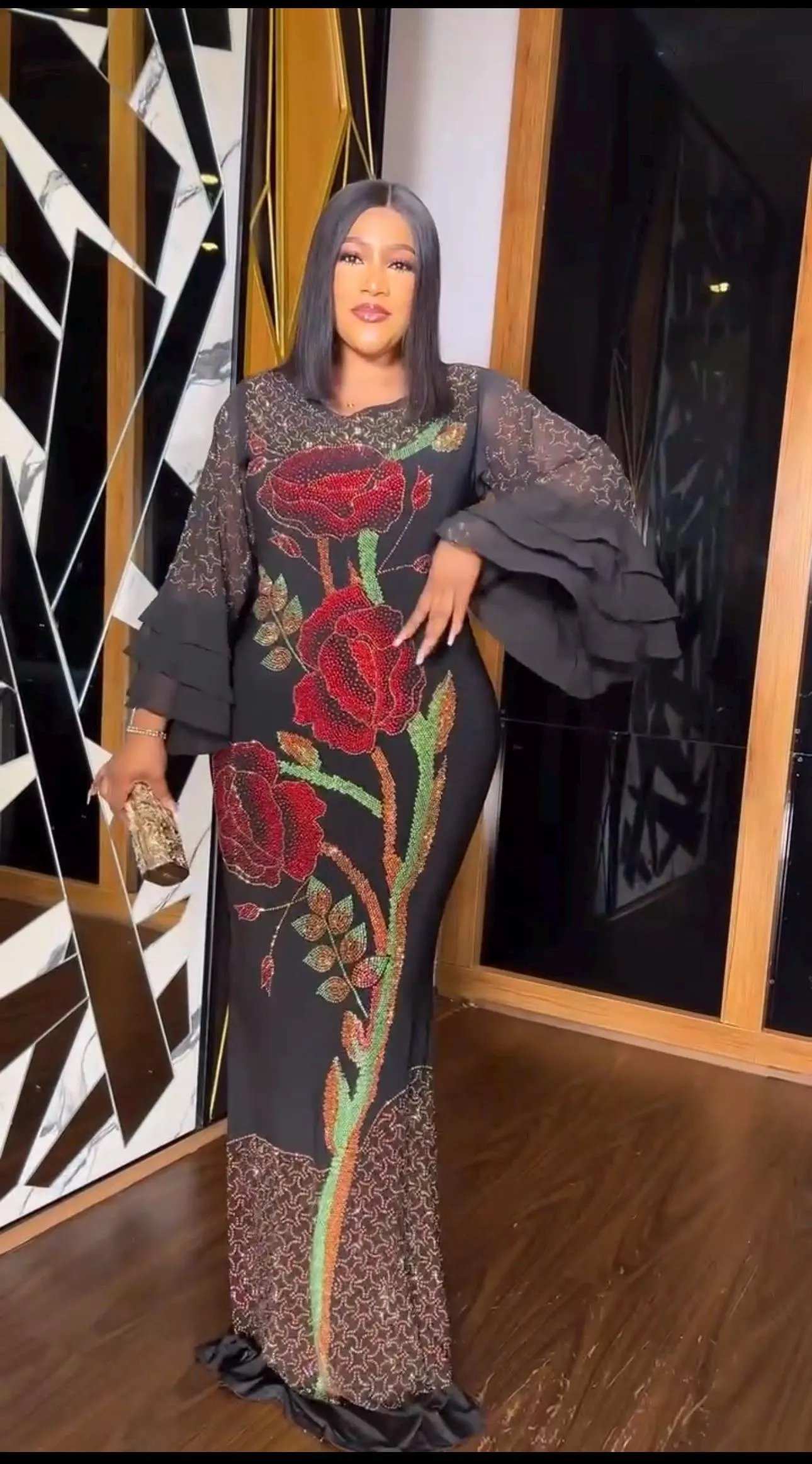 African Kaftan Dress Rhinestone Ruffles Nigerian Party Outfit Wedding Guest Birthday Photoshoot Reception Engagement Anniversary Cocktail