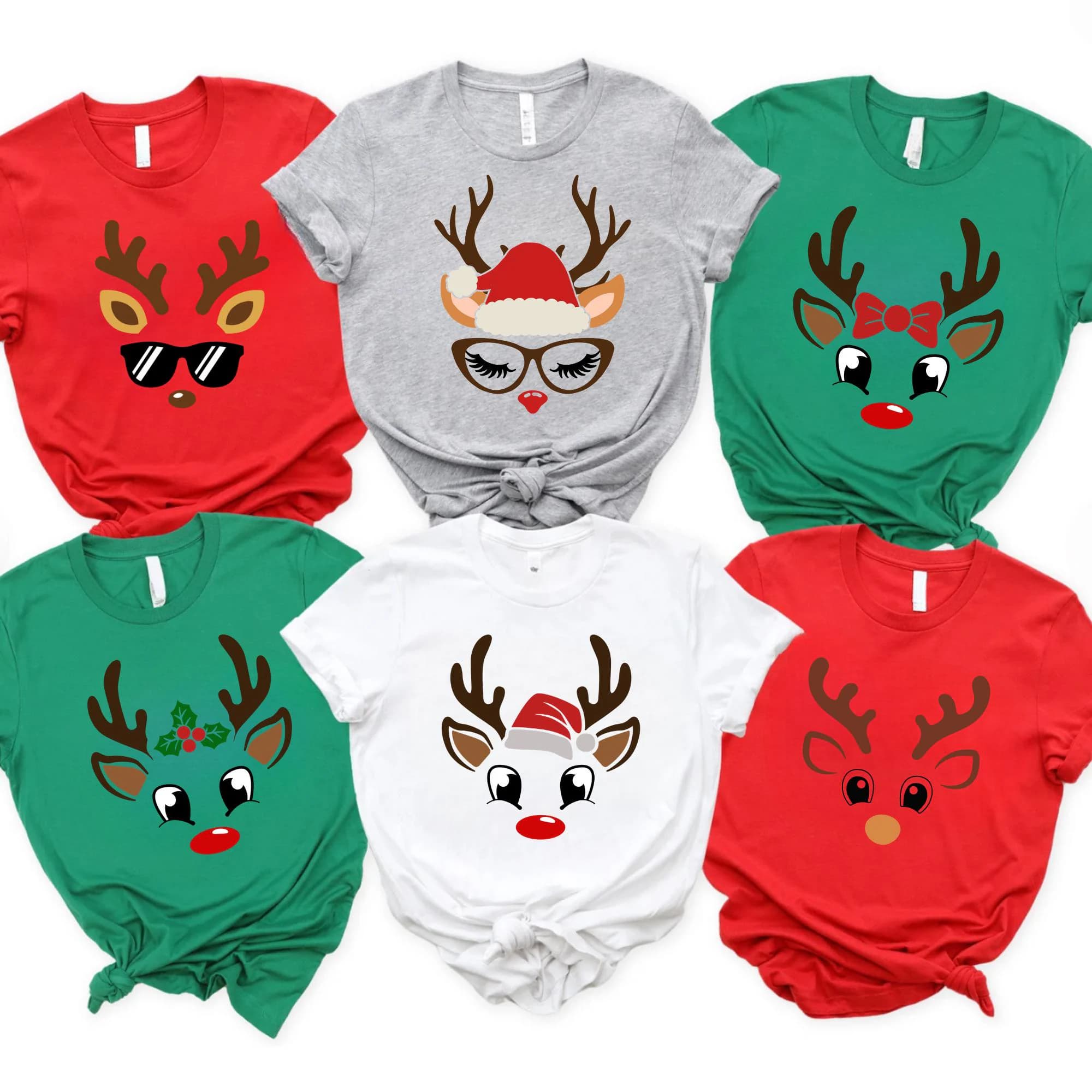 a collection of six t-shirts, each featuring a unique design of a reindeer or deer face with various festive elements such as Santa Claus glasses, a bow, and a red nose.