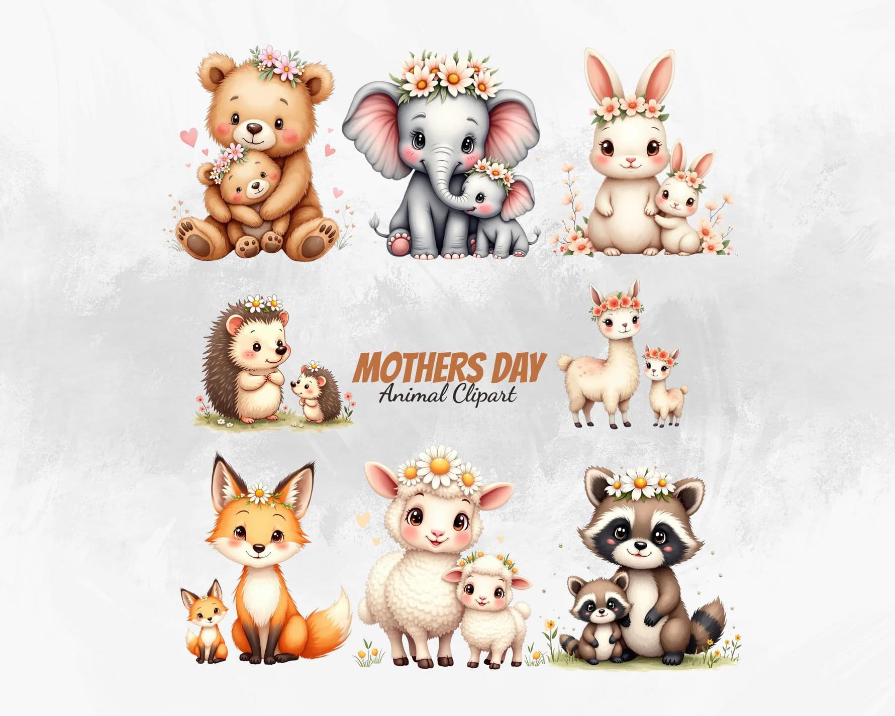 Whimsical Baby Animal Clipart, Watercolor Animals PNG Bundle, Mothers Day Floral Nursery Art, Sublimation Design