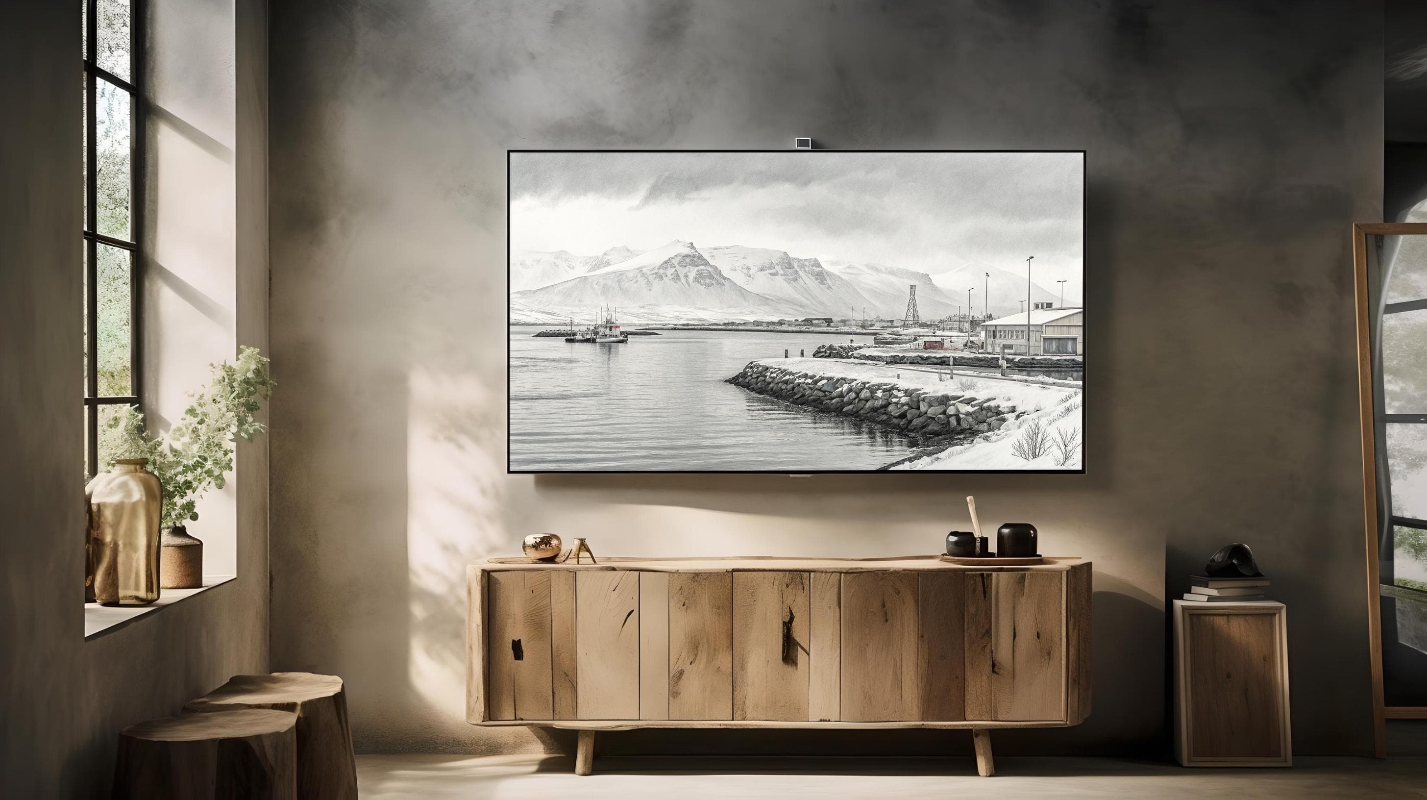 Reykjavik Iceland Black & White Harbor Art, Watercolor Nordic Landscape, Winter Coastal Scene - image 5